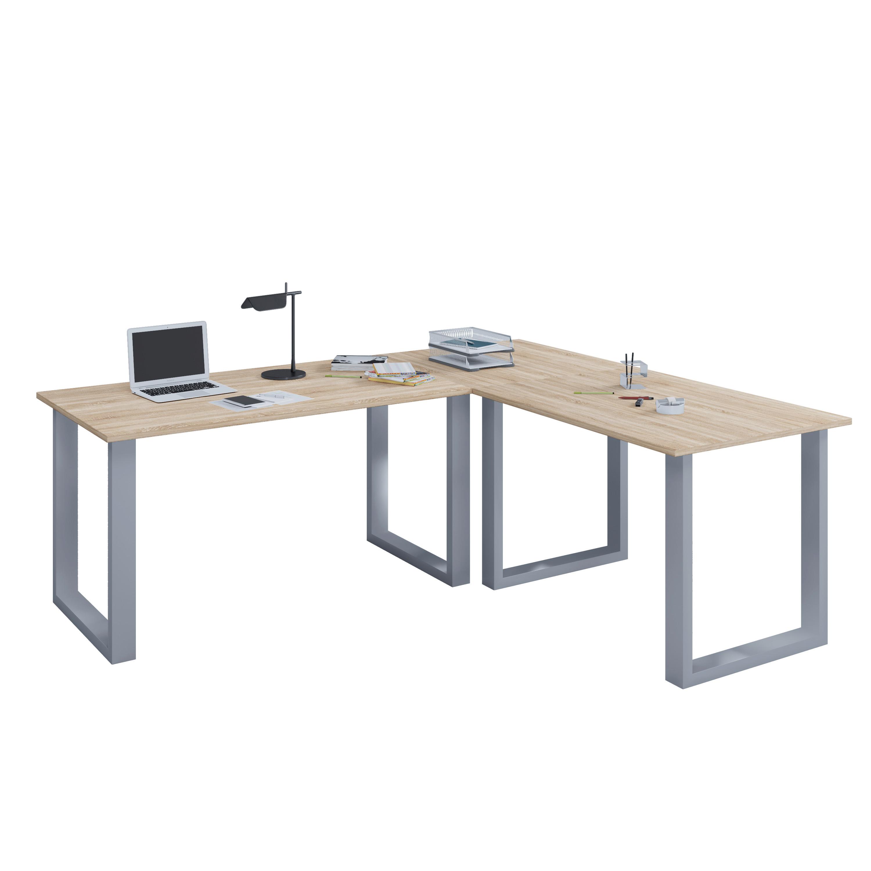 ECKSCHREIBTISCH LONA - Silberfarben/Sonoma Eiche, Design, Holzwerkstoff/Metall (130/130/76cm) - MID.YOU