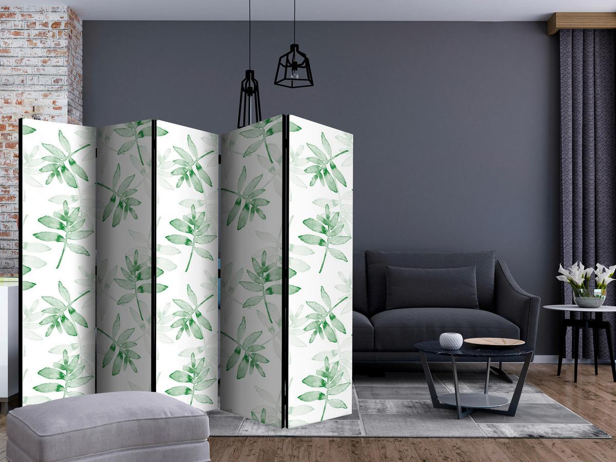 Paravan Watercolor Branches I, 5-Delni, Dvostranski - zelena/bela, Basics, tekstil/les (225/172/3cm) - artgeist
