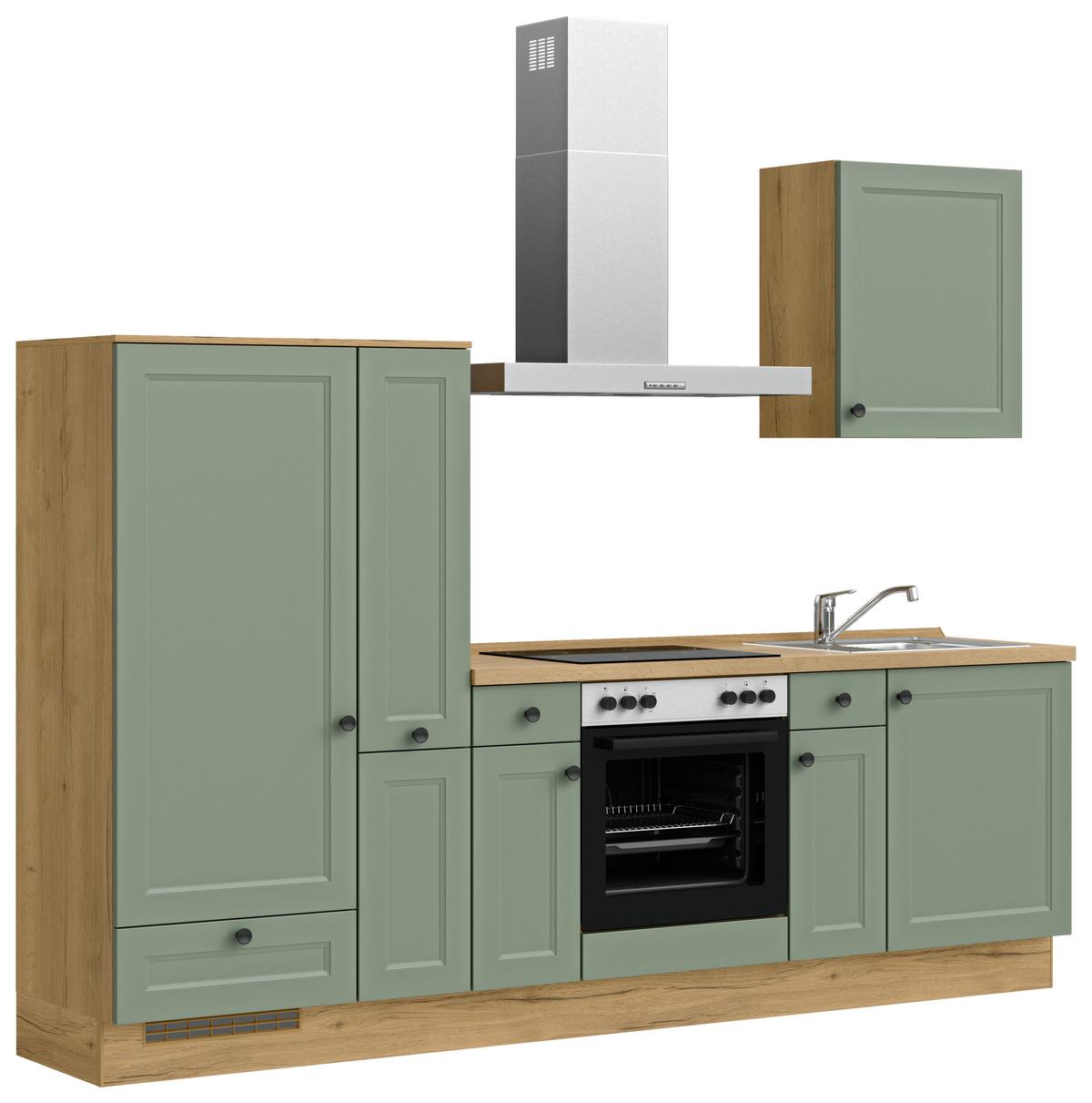Küchenblock Cascada Low m. Geräten Schilfgrün - Schilfgrün/Eichefarben, MODERN, Holzwerkstoff/Metall (270cm) - Nobilia