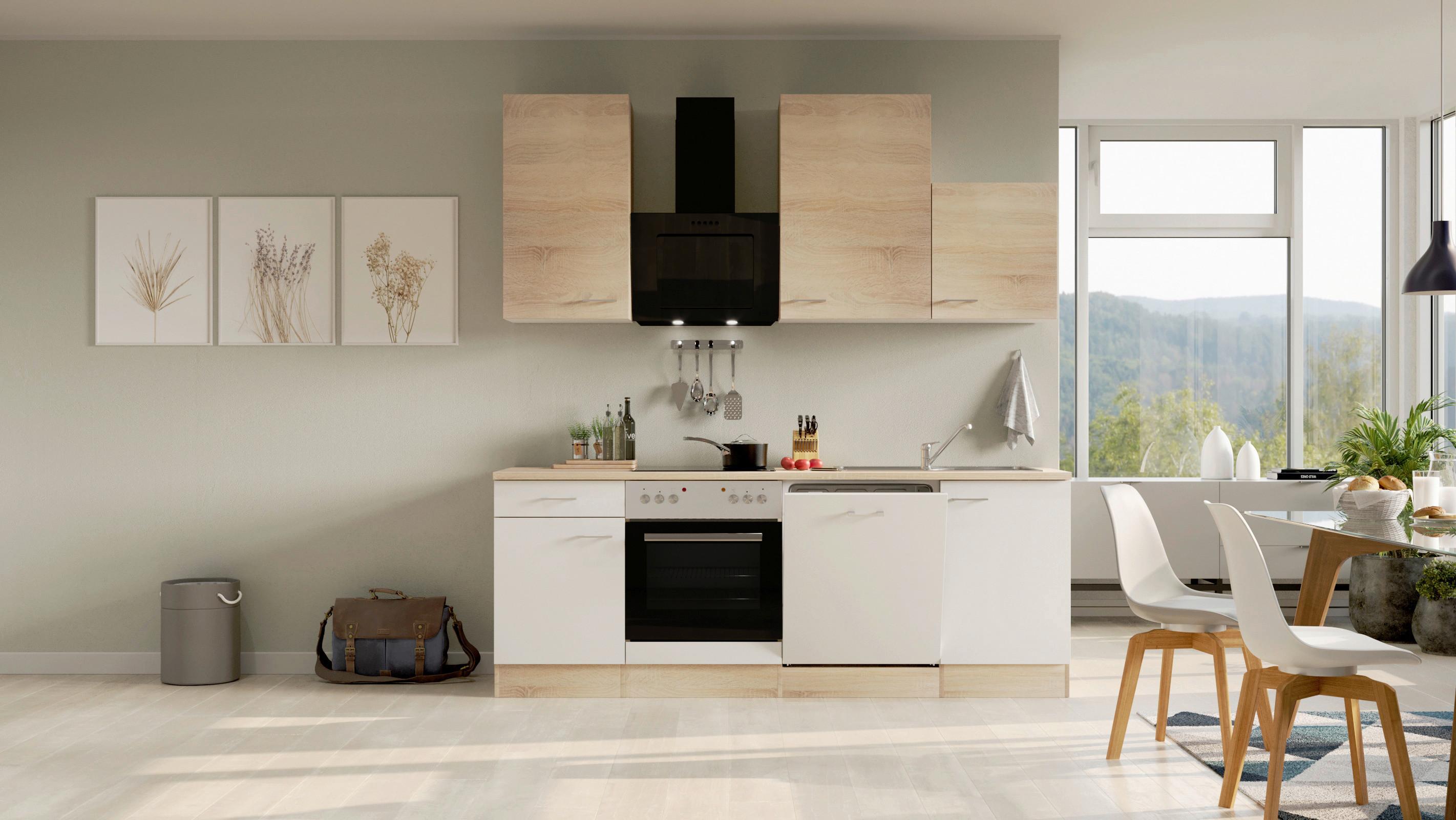 Kuhinjski Blok Z Aparati Samoa, Bela, Barva Hrasta - bela/barve aluminija, Moderno, umetna masa/leseni material (220cm) - FlexWell