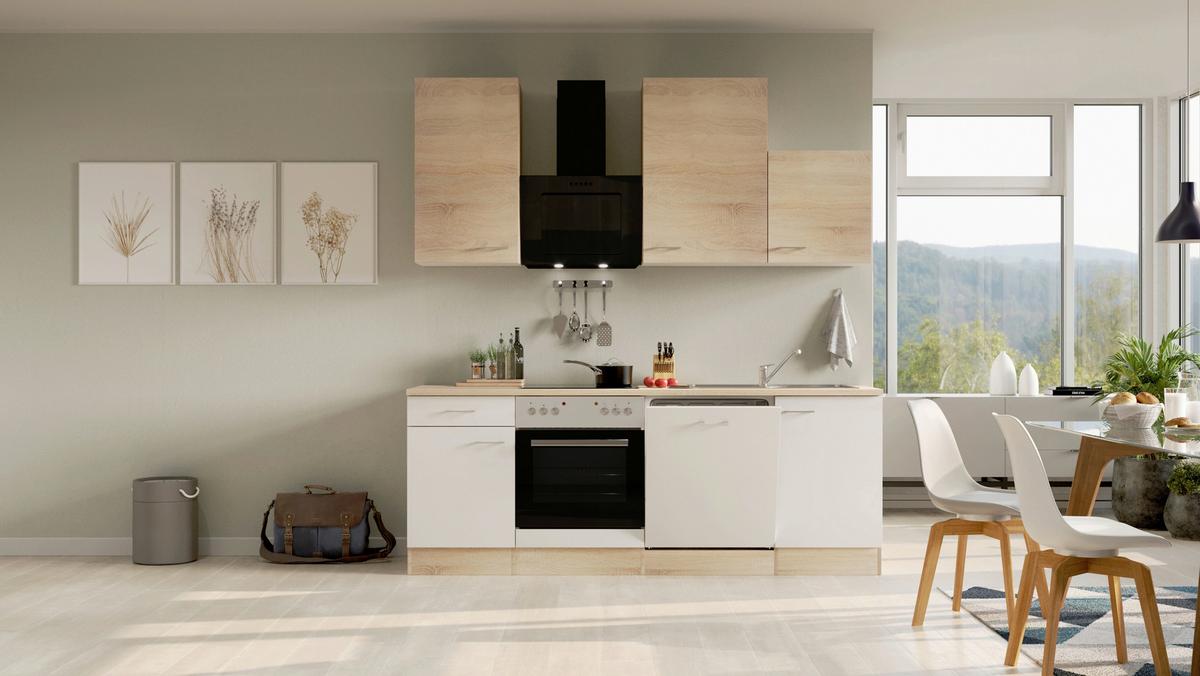 Kuhinjski Blok Z Aparati Samoa, Bela, Barva Hrasta - bela/barve aluminija, Moderno, umetna masa/leseni material (220cm) - FlexWell