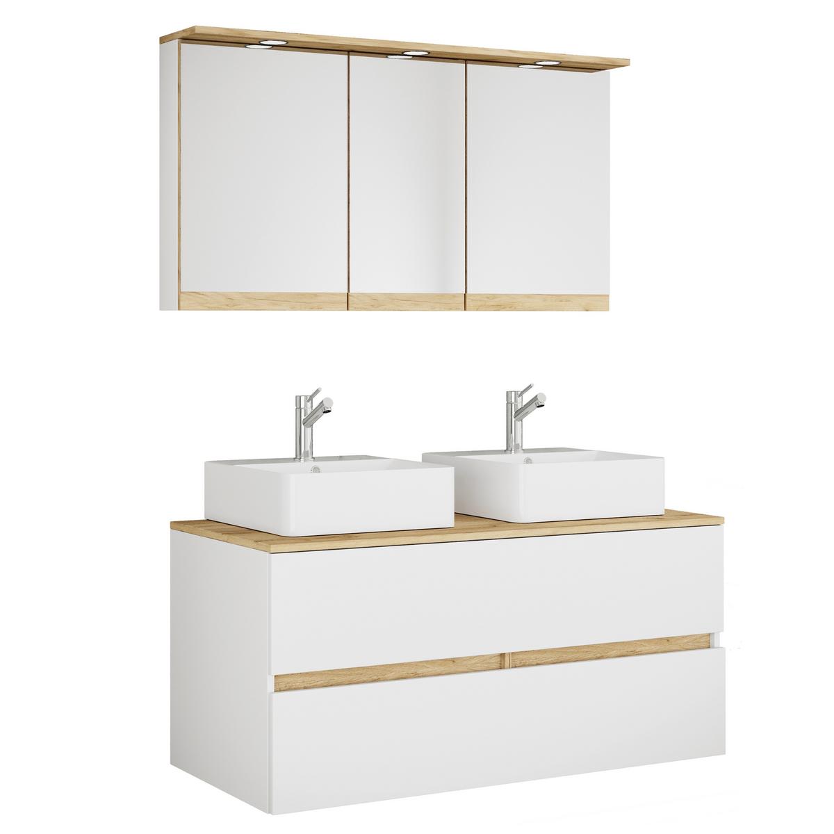 Badezimmer Cosila - Honigeiche/Weiss, Trend, Keramik/Holzwerkstoff (111cm) - MID.YOU