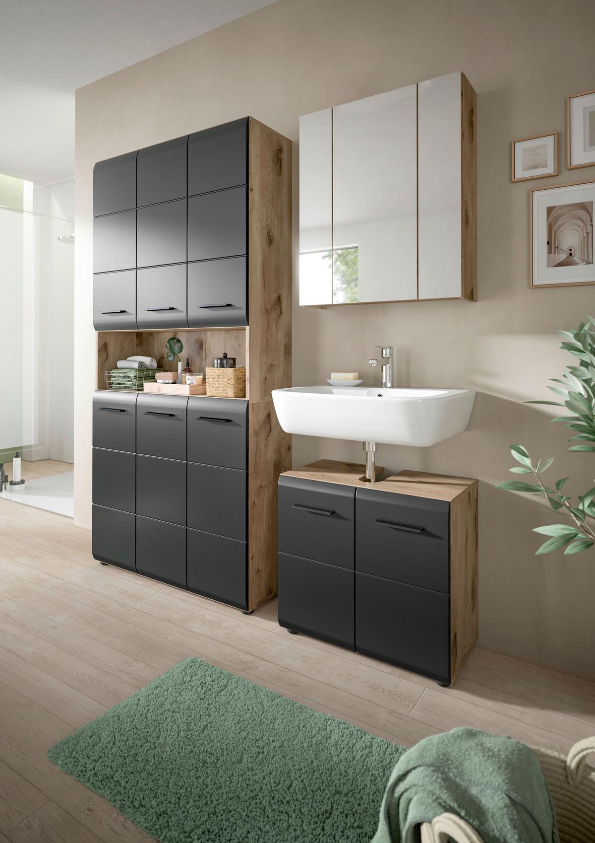 Kopalnica Ice, Črna, Barva Hrasta, 3-Delna - črna/temni hrast, Basics, umetna masa/leseni material (150cm) - MID.YOU