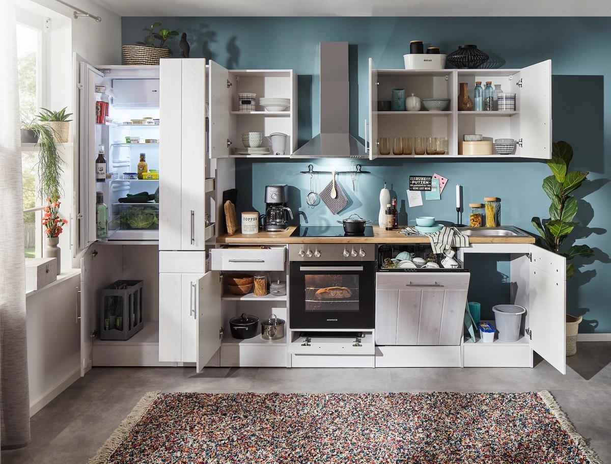 Küchenblock Anton Landhaus ohne Geräte ca. 310 cm Weiß - Wildeiche/Edelstahlfarben, Basics, Holzwerkstoff/Metall (310cm) - Respekta