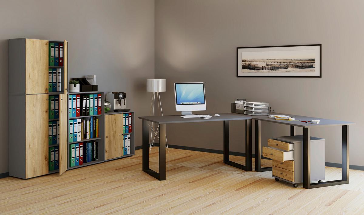 Kotna Pisalna Miza Lona, Antracit, Črna, 220x160cm - srebrne barve/črna, Design, kovina/leseni material (220/160/80cm) - MID.YOU