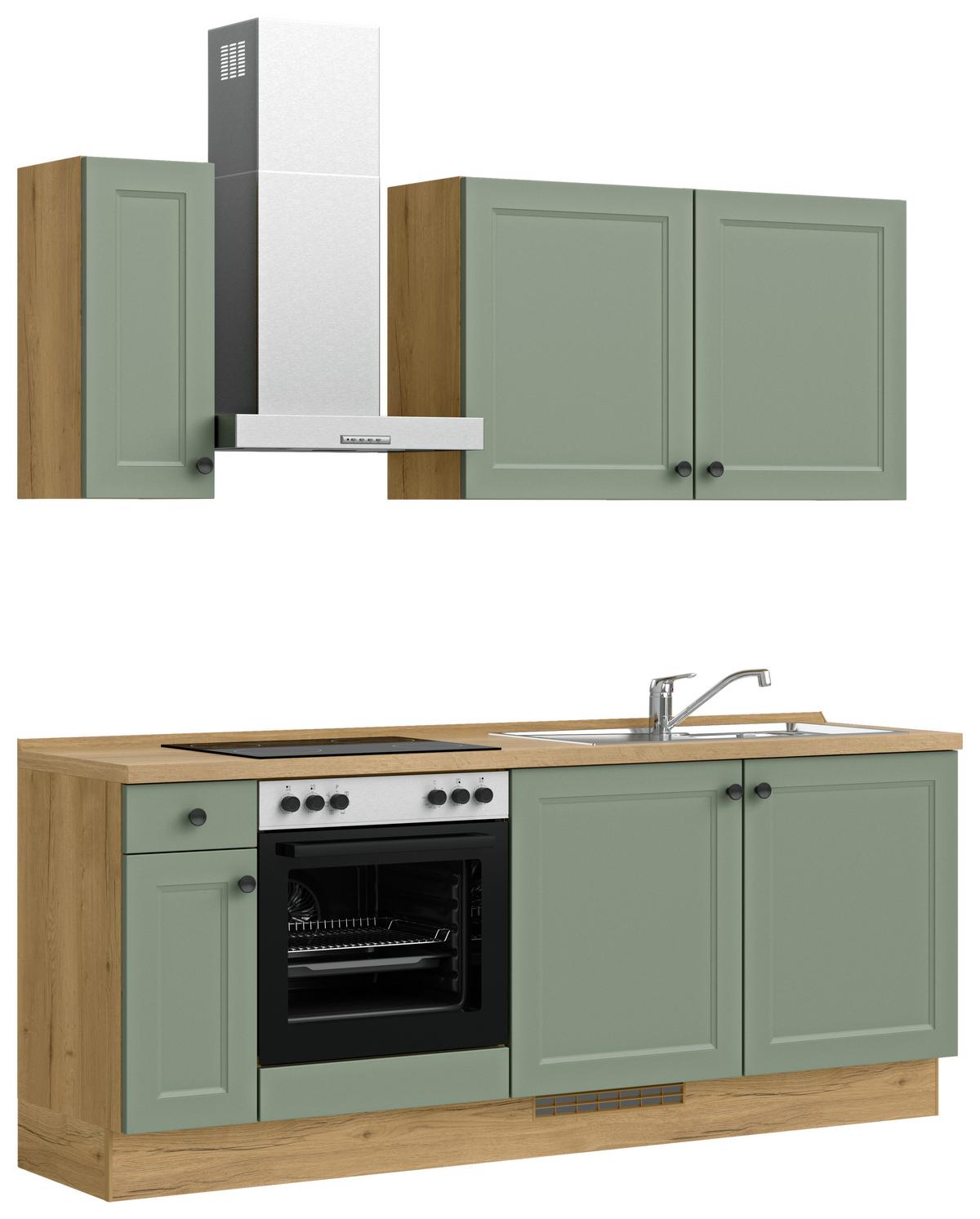 Küchenblock Cascada Low m. Geräten Schilfgrün - Schilfgrün/Eichefarben, MODERN, Holzwerkstoff/Metall (210cm) - Nobilia