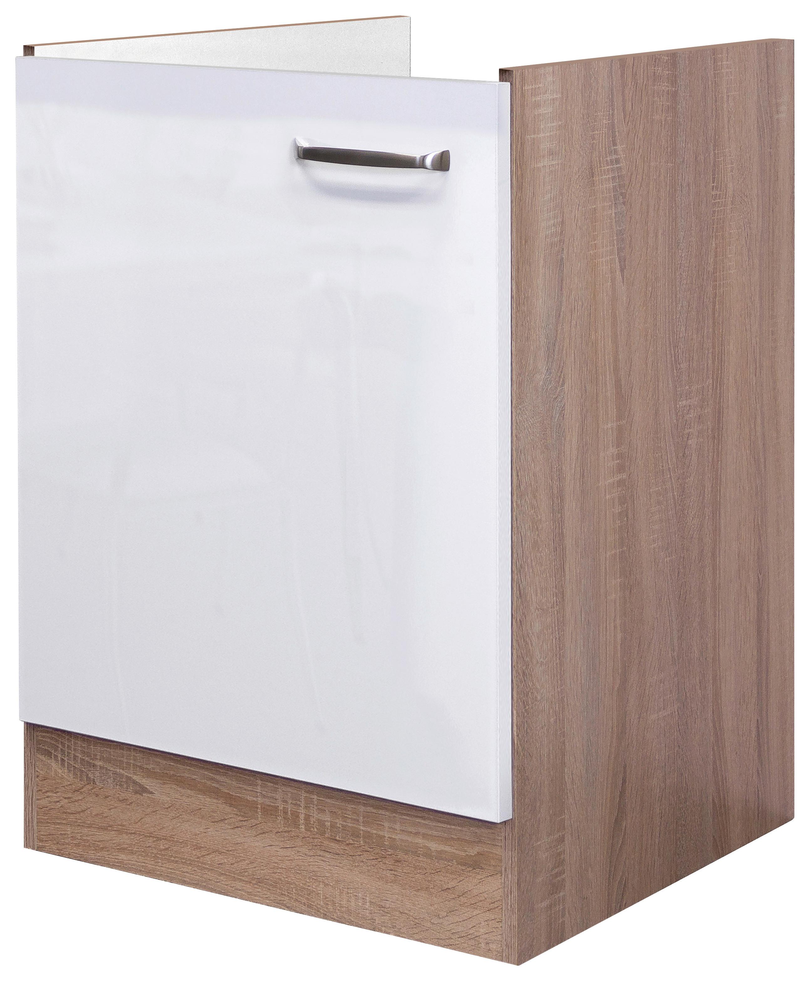 Spülenunterschrank Weiß Hochglanz/Eiche - Edelstahlfarben/Weiß Hochglanz, MODERN, Holzwerkstoff/Metall (50/82/57cm) - FlexWell