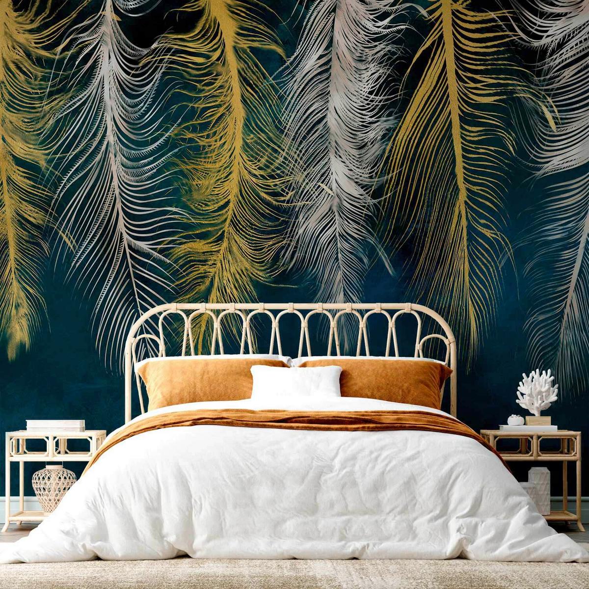 Fototapeta Gilded Feathers, 300x210cm - sivomodra/barve karija, Trendi, tekstil (300/210cm) - artgeist