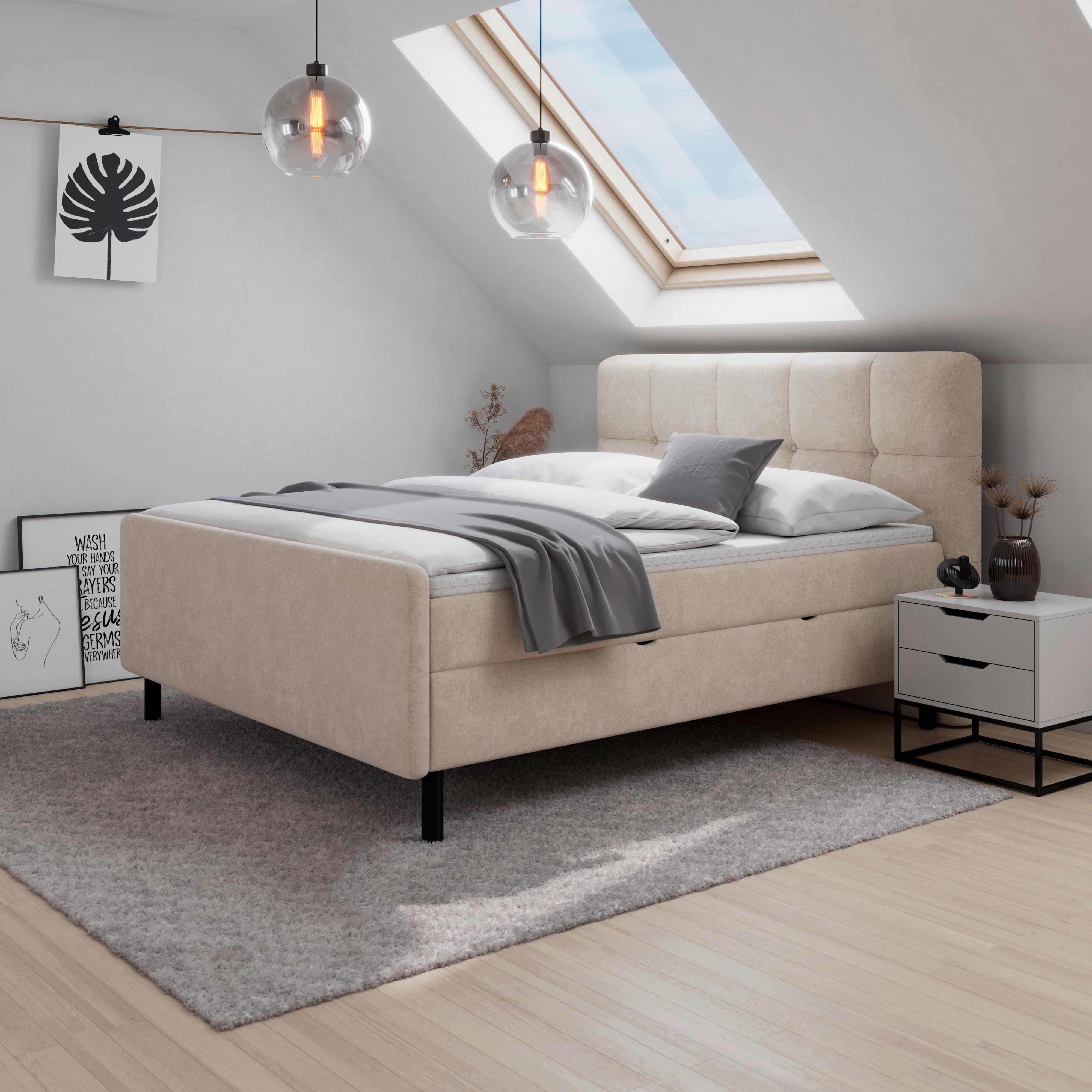 Postelja Z Vzmetnico Marbella, 180x200, Bež, Z Nadvložkom - črna/bež, Moderno, kovina/tekstil (180/200cm) - Bessagi Home