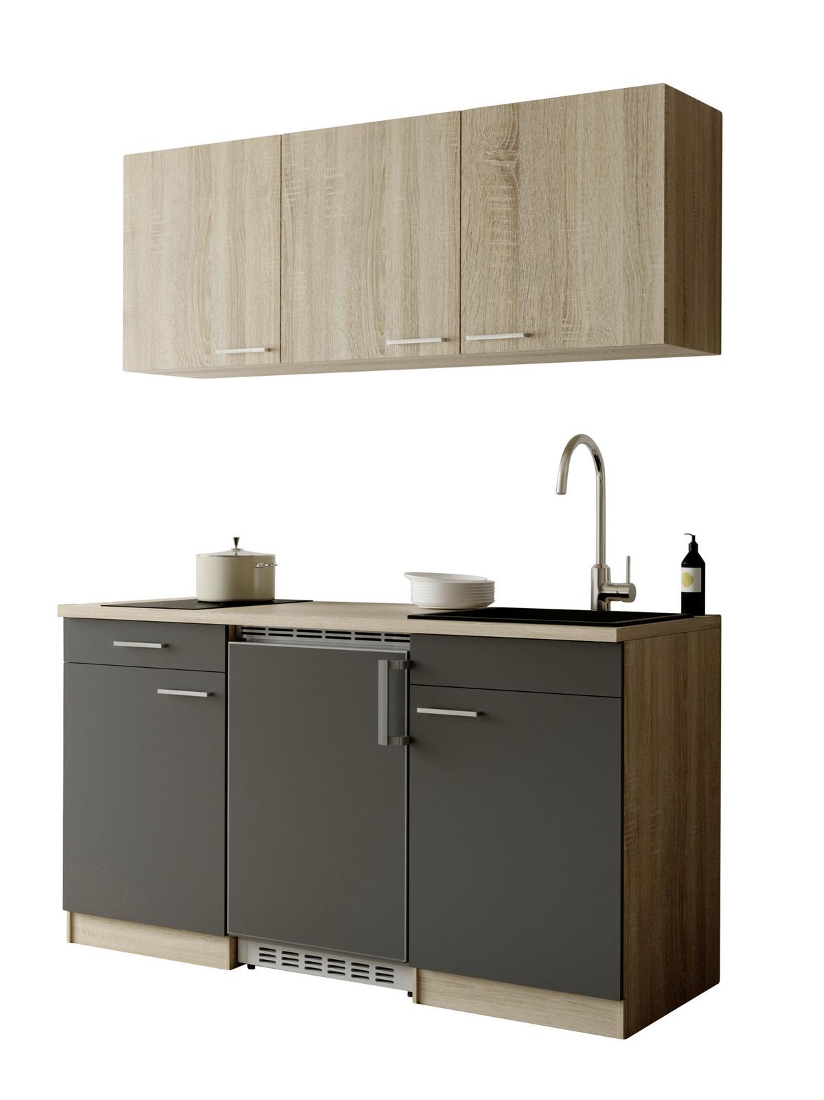 Miniküche Ingrid m. Geräten ca. 150cm Grau - Eichefarben/Alufarben, Design, Holzwerkstoff/Kunststoff (150cm) - Respekta
