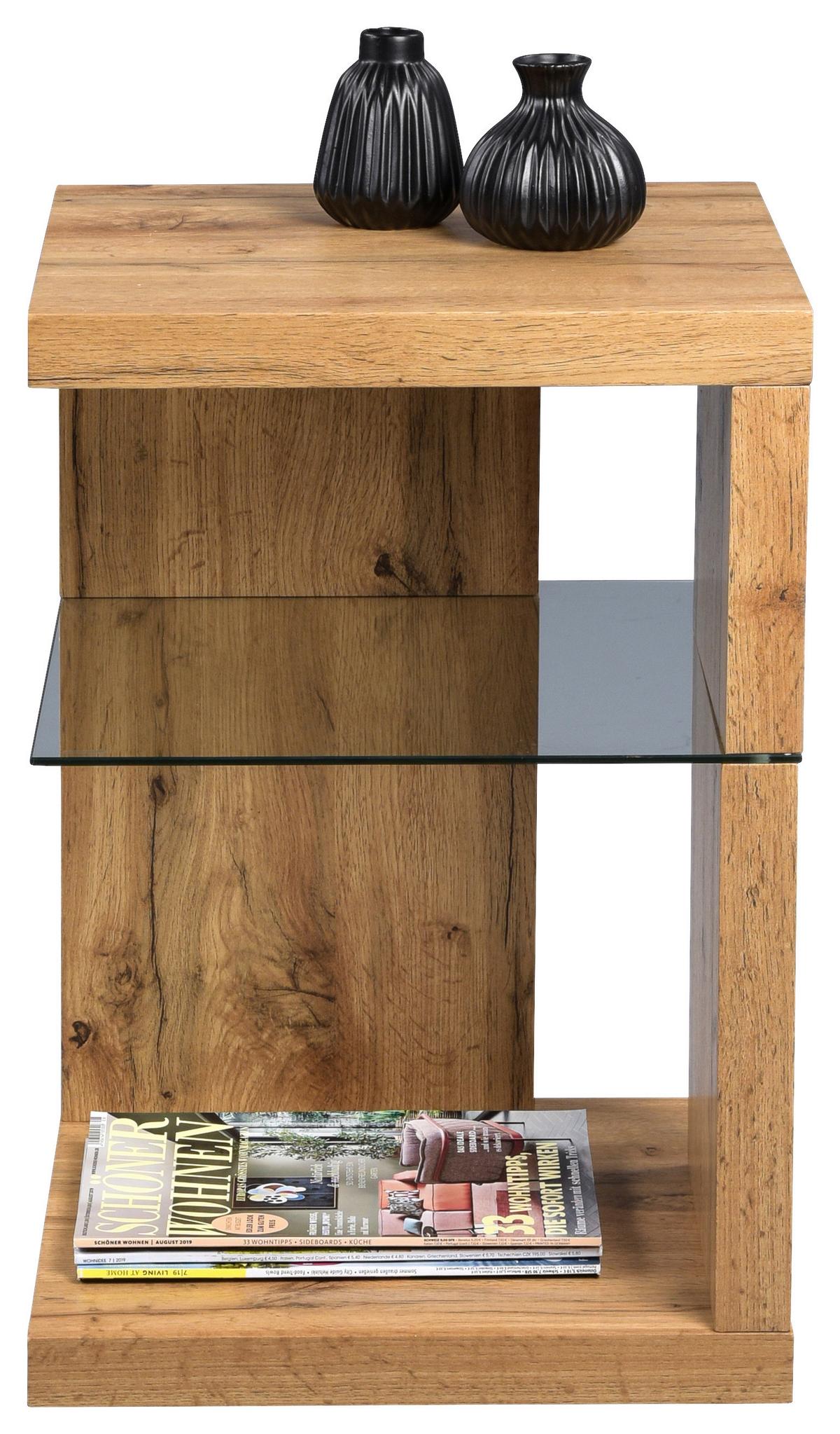 STOLIK BOCZNY DOMINGO - kolor dębowy, Basics, materiał drewnopochodny/szkło (40/40/60cm) - Xora