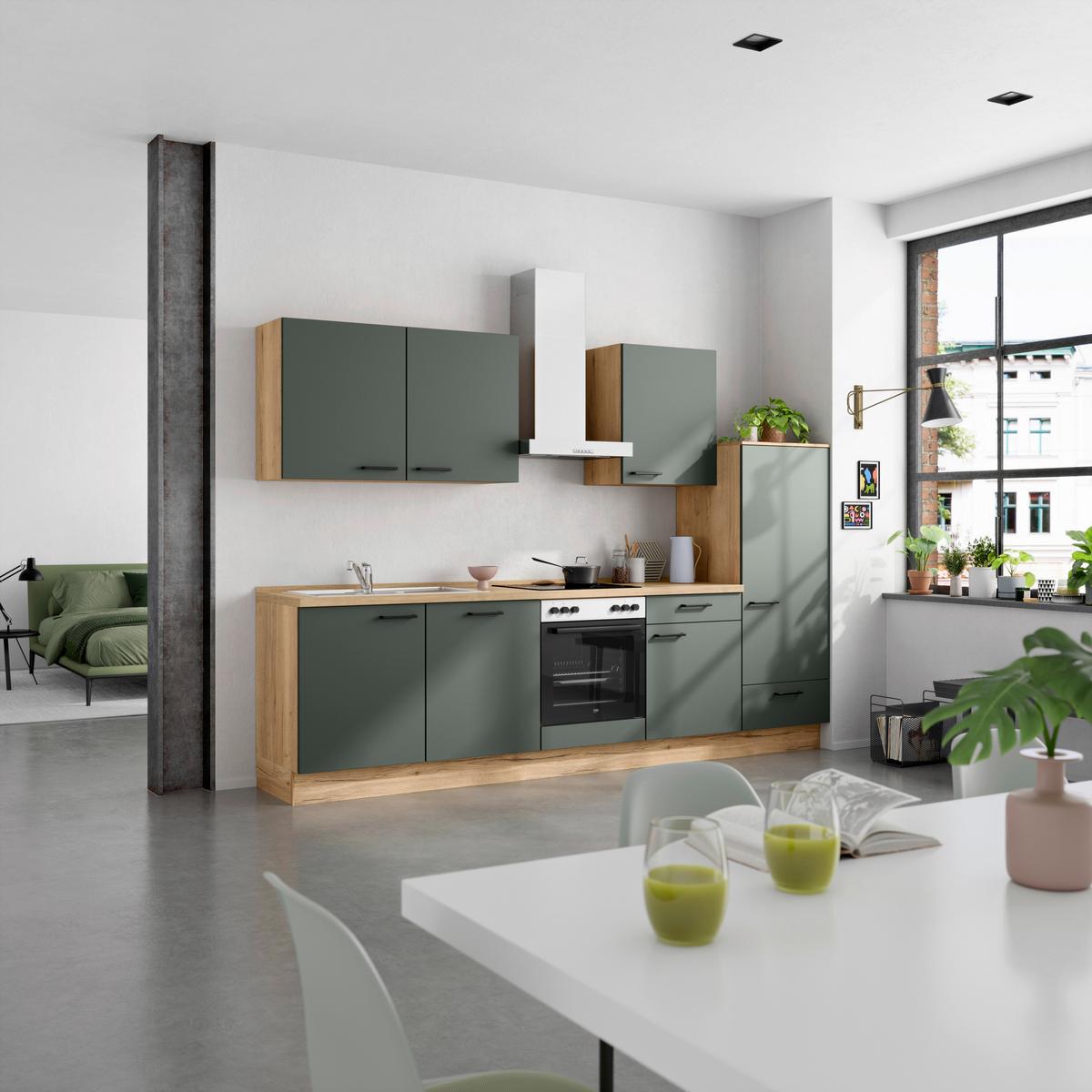 Küchenblock Easytouch m. Geräten Dunkelgrün - Dunkelgrün/Eichefarben, MODERN, Holzwerkstoff/Metall (300cm) - Nobilia