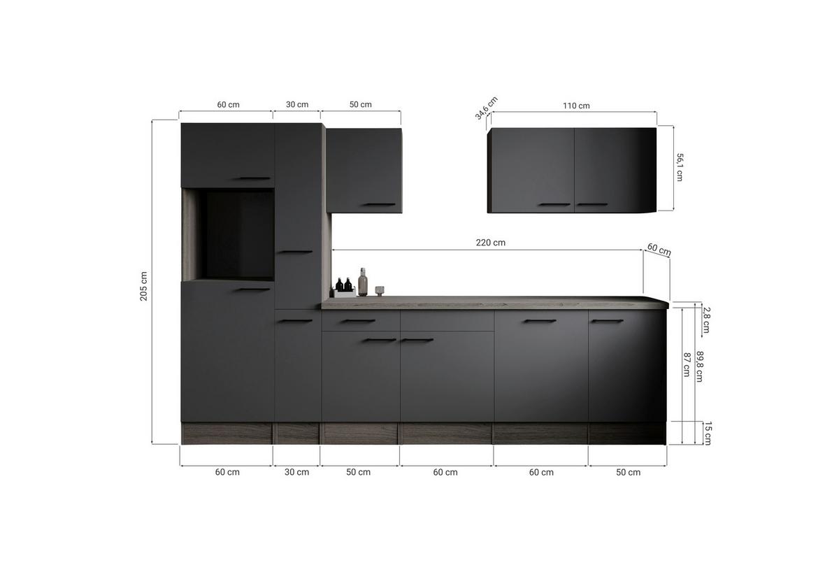 Kuhinjski Blok Brez Aparatov Oliver, 310cm - črna/siva, Design, kovina/leseni material (310cm) - Respekta