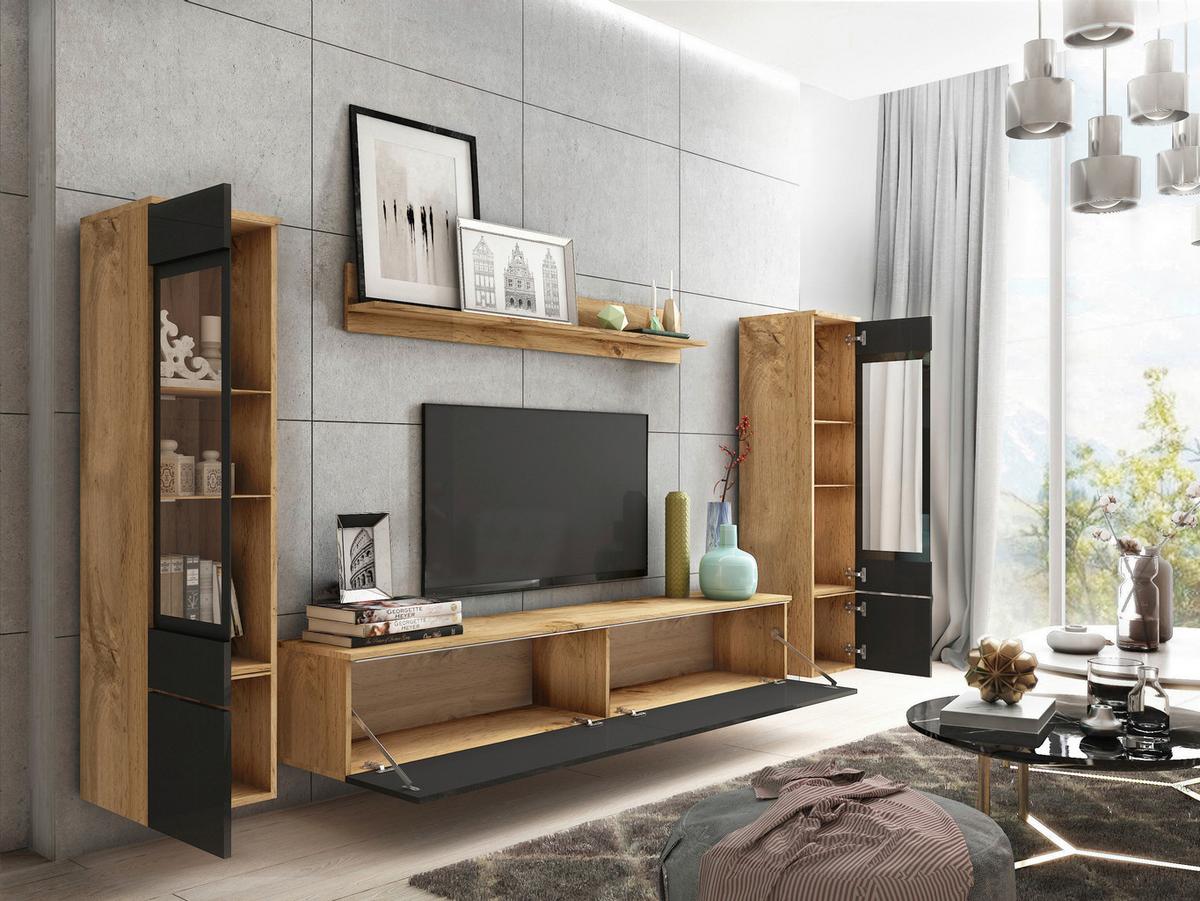 Dnevni Regal Vera, Črna, Barva Hrasta, 4-Delno, Led - hrast wotan/črna, Trendi, umetna masa/steklo (240/130/33cm) - P & B