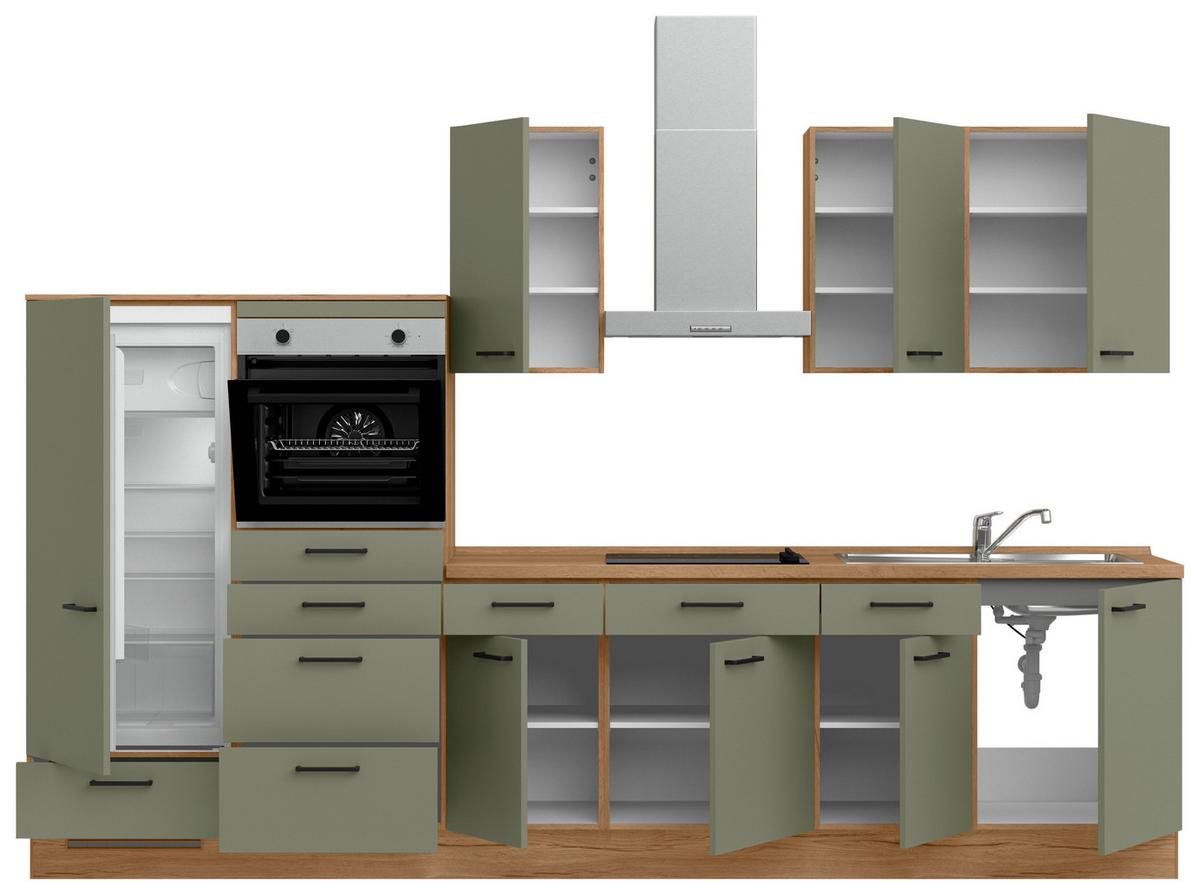 Küchenleerblock Senso Low o. Geräte Olivgrün - Eichefarben/Schwarz, MODERN, Holzwerkstoff/Metall (330cm) - Nobilia