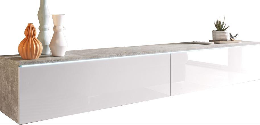 Lowboard ca. 180x30 cm mit LED Beton Optik/Weiß Hochglanz - Weiß Hochglanz/Grau, LIFESTYLE, Holzwerkstoff/Kunststoff (180/30/33cm) - P & B