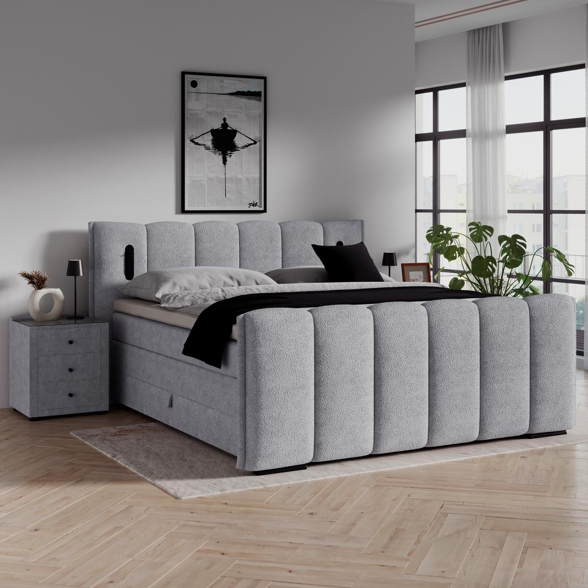 Boxspring Krevet Elysia - svijetlo siva/crna, Trend, drvni materijal/drvo (160/200cm) - Premium Living