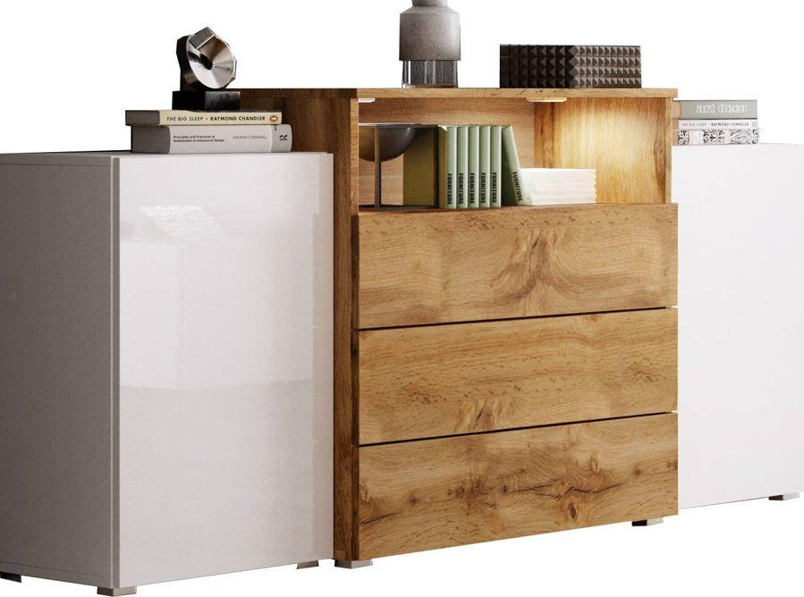 Sideboard Urban III mit LED ca. 150x69 cm Weiß/Eiche Wotan - Weiß Hochglanz/Eiche Wotan, LIFESTYLE, Holzwerkstoff/Kunststoff (150/68,7/32,5cm) - P & B