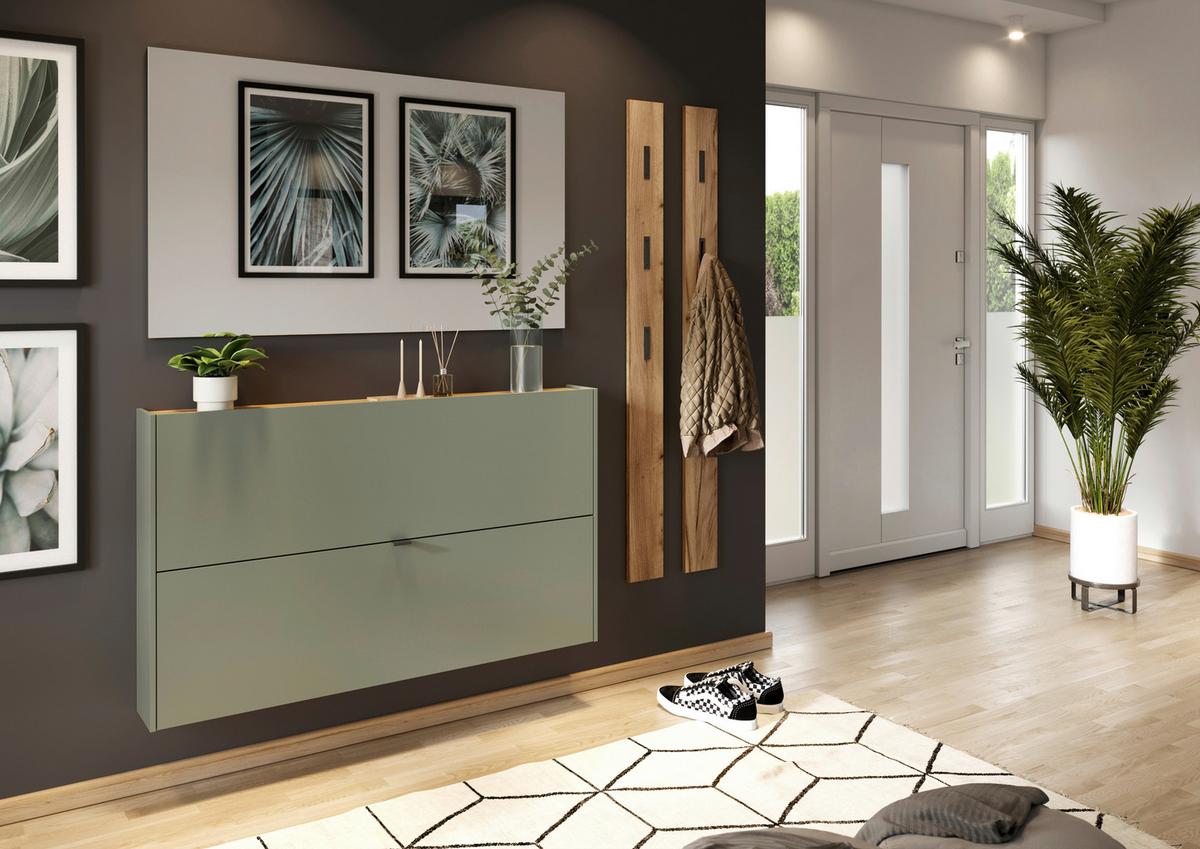 Hängeschuhschrank Ameca Taupe/Eichefarben - Taupe/Eichefarben, MODERN, Holzwerkstoff/Metall (140/83/18cm) - Premium Living