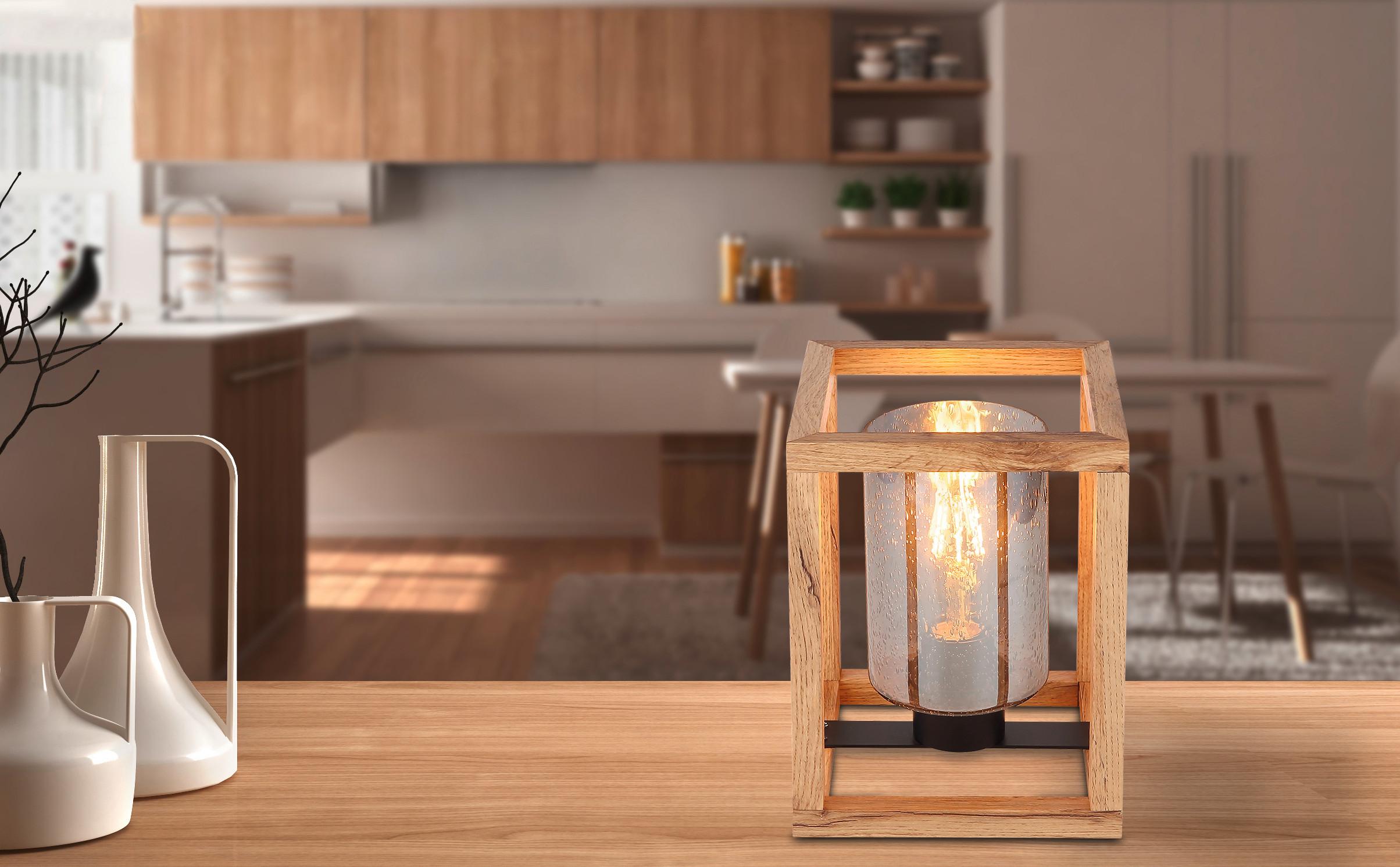 Tischleuchte Pettey max. 40 Watt - Dunkelbraun/Schwarz, ROMANTIK / LANDHAUS, Glas/Holzwerkstoff (17/17/22cm)