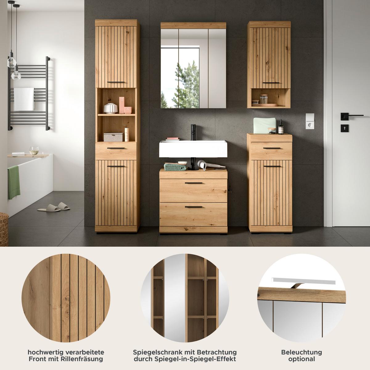 Badezimmer Scout Eiche Artisan 5-teilig - Schwarz/Eiche Artisan, Trend, Glas/Holzwerkstoff (134cm) - MID.YOU