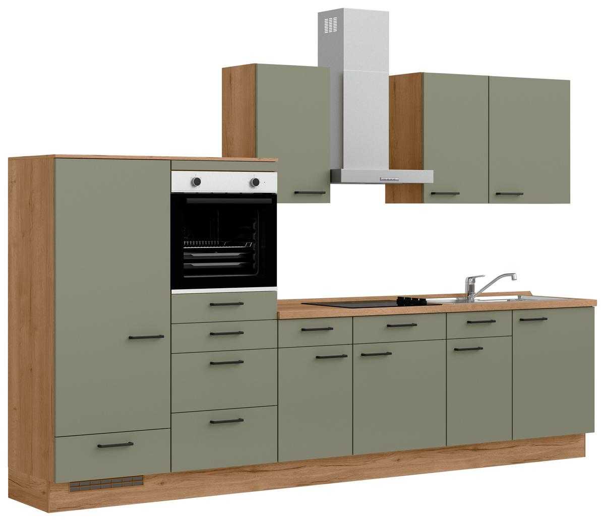 Küchenleerblock Senso Low o. Geräte Olivgrün - Eichefarben/Schwarz, MODERN, Holzwerkstoff/Metall (330cm) - Nobilia