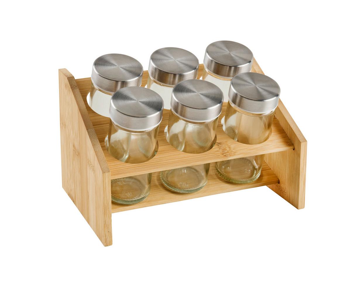Gewürzregal Petra Silberfarben/Hellbraun, 7-tlg. - Hellbraun/Transparent, KONVENTIONELL, Glas/Holz (13,80/19/13,80cm) - Mömax