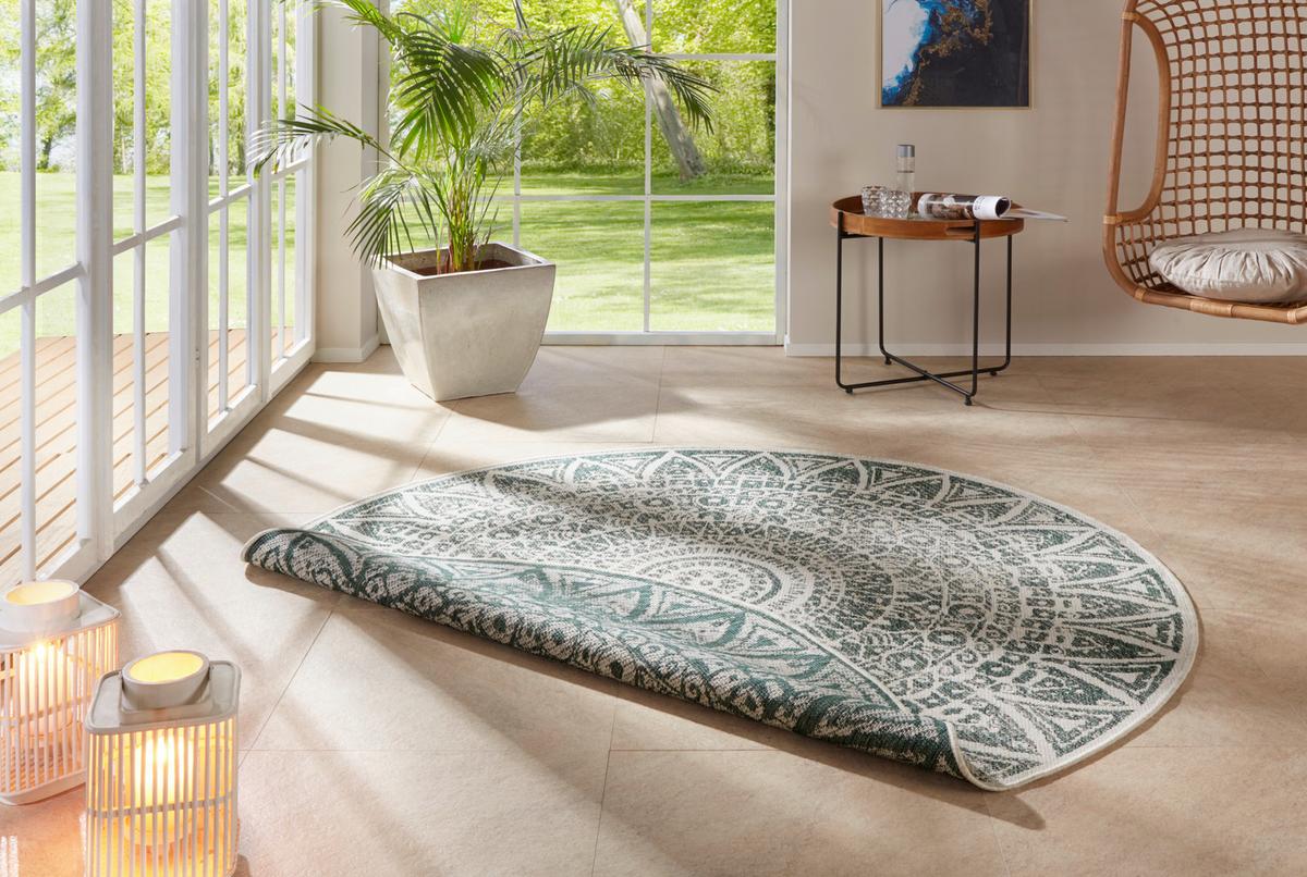 Flachwebeteppich Lilja Grün Ø ca. 240cm - Dunkelgrün/Creme, Design, Kunststoff (240cm)