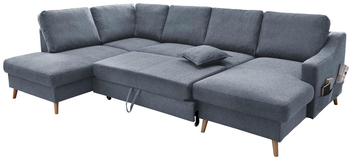 Wohnlandschaft Valentina Blau Struktur - Blau/Naturfarben, KONVENTIONELL, Holz/Textil (200/301/150cm) - P & B