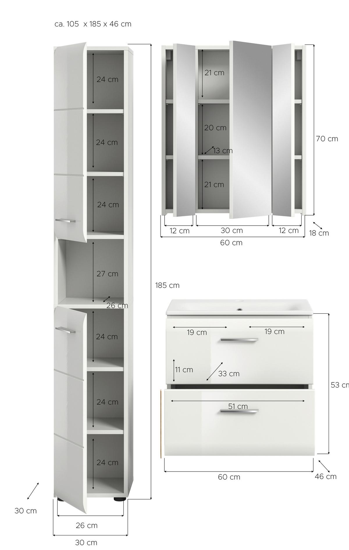 Badezimmer Ice 3-tlg. ca. 90 cm Weiß - Weiß Hochglanz/Silberfarben, MODERN, Keramik/Holzwerkstoff (90cm) - MID.YOU