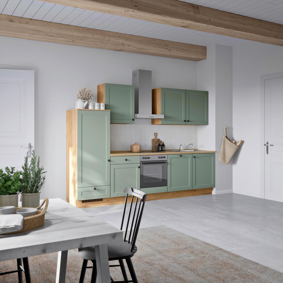 Küchenblock Cascada Low m. Geräten Schilfgrün - Schilfgrün/Eichefarben, MODERN, Holzwerkstoff/Metall (300cm) - Nobilia