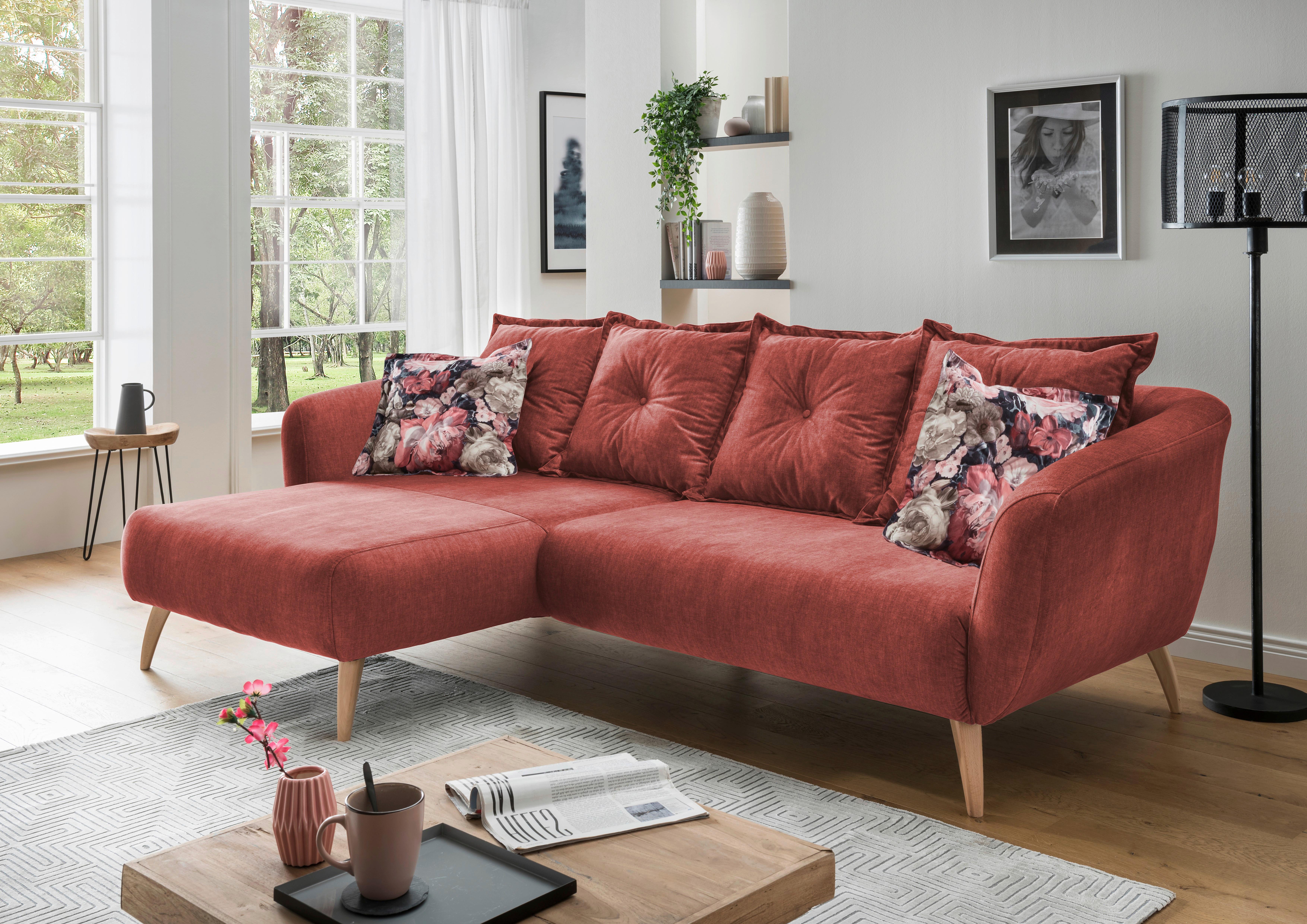 Wohnlandschaft Baggio Koralle Velours - Koralle/Buchefarben, MODERN, Holz/Textil (162/277cm) - Livetastic