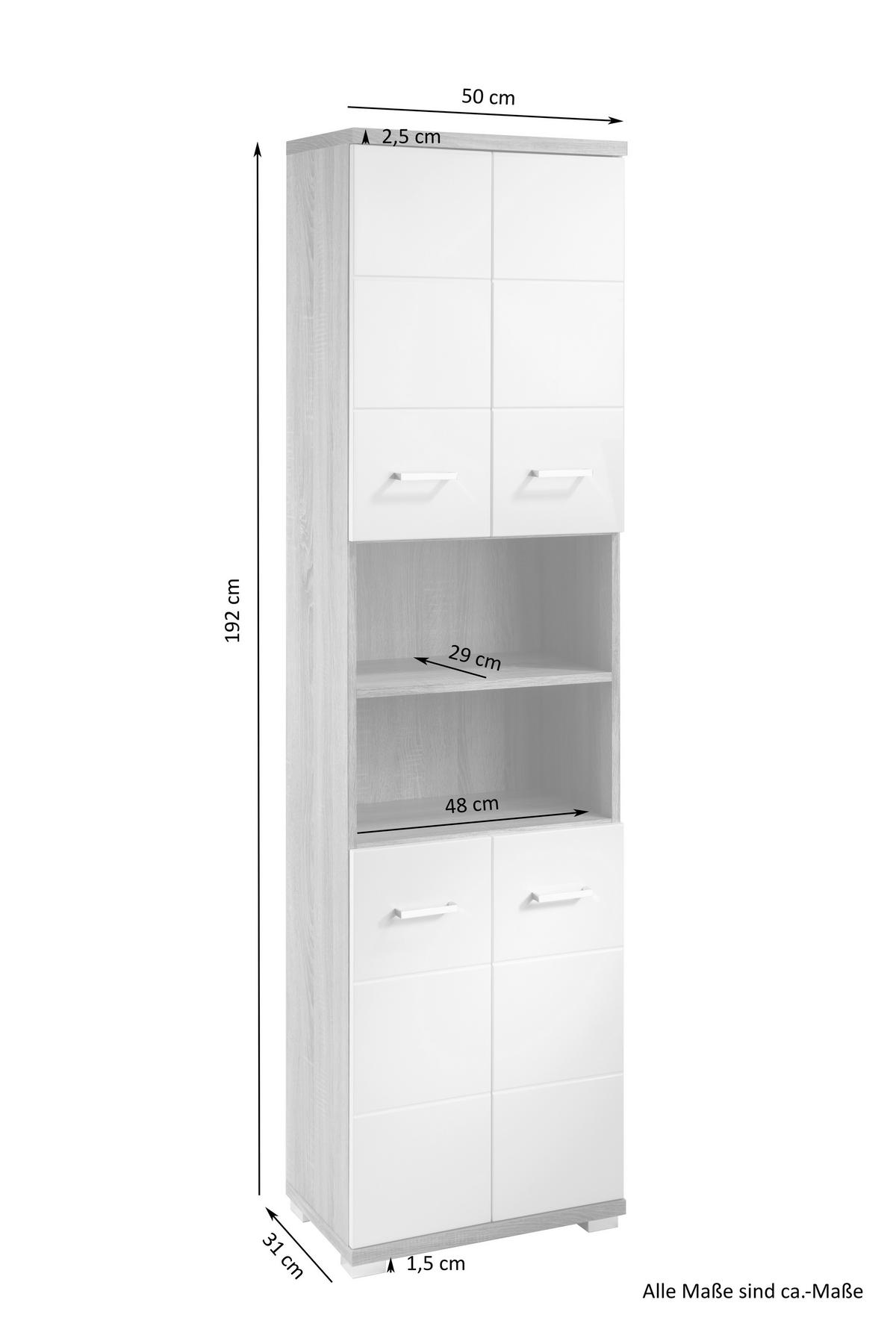 HOCHSCHRANK Nebraska06 B: 50 cm Weiß - Chromfarben/Weiß Hochglanz, MODERN, Holzwerkstoff/Kunststoff (50/192/31cm) - MID.YOU