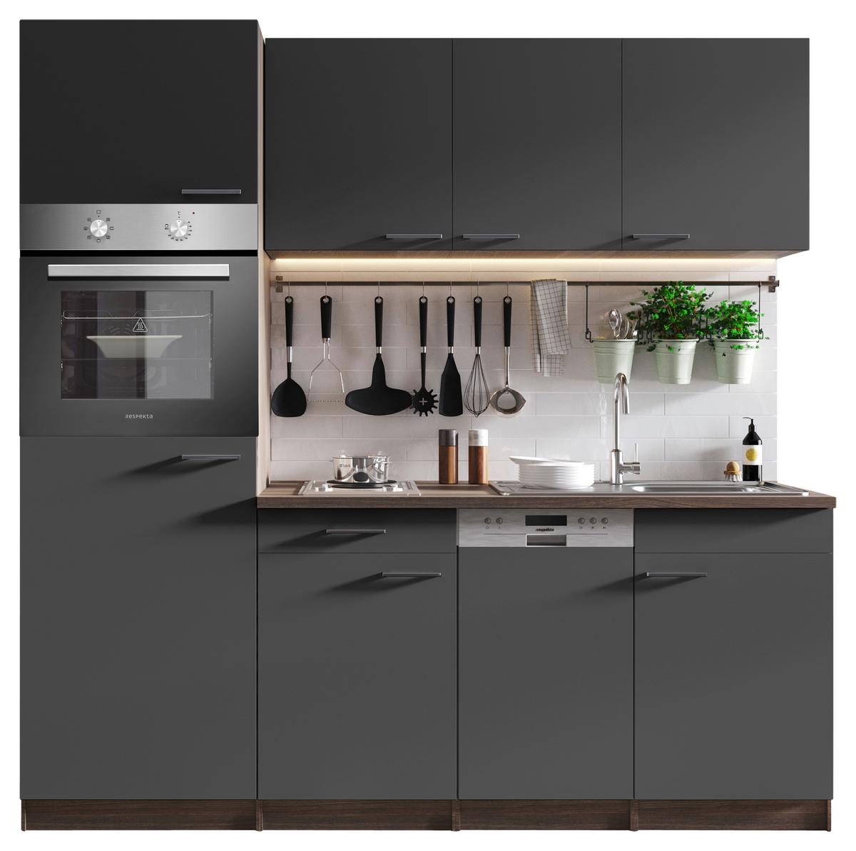 Küchenblock Oliver mit Geräten ca. 205 cm Grau - Eichefarben/Alufarben, Basics, Holzwerkstoff/Kunststoff (205cm) - Respekta