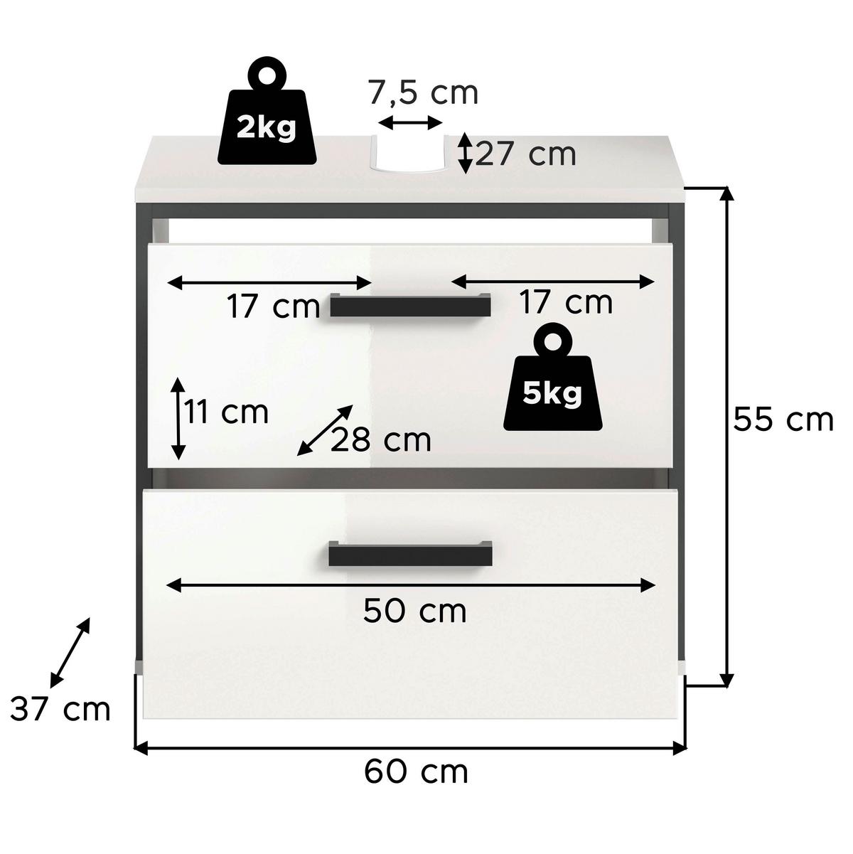 Waschbeckenunterschrank Kojak Weiß/Anthrazit - Weiß Hochglanz/Schwarz, MODERN, Holzwerkstoff/Kunststoff (60/55/37cm) - MID.YOU