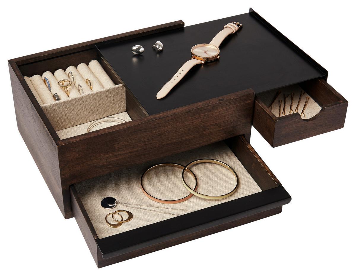 Schmuckbox Schwarz/Walnussfarben - Walnussfarben/Schwarz, Design, Holz/Metall (22,1/11,9/25,9cm) - Umbra