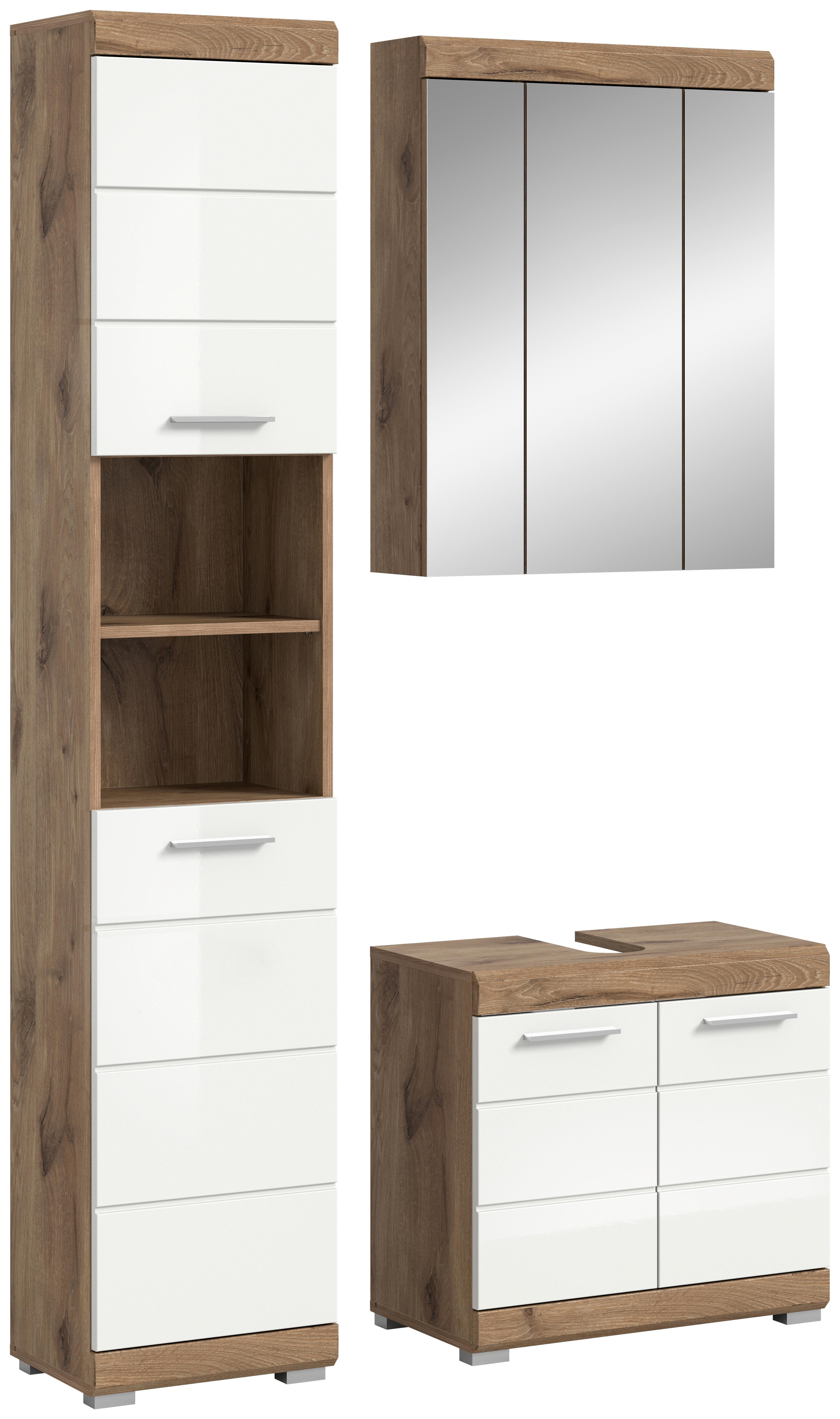 Badezimmer Wave 3-tlg. ca. 97 cm Eiche/Weiß - Chromfarben/Weiß Hochglanz, MODERN, Glas/Holzwerkstoff (97cm) - MID.YOU