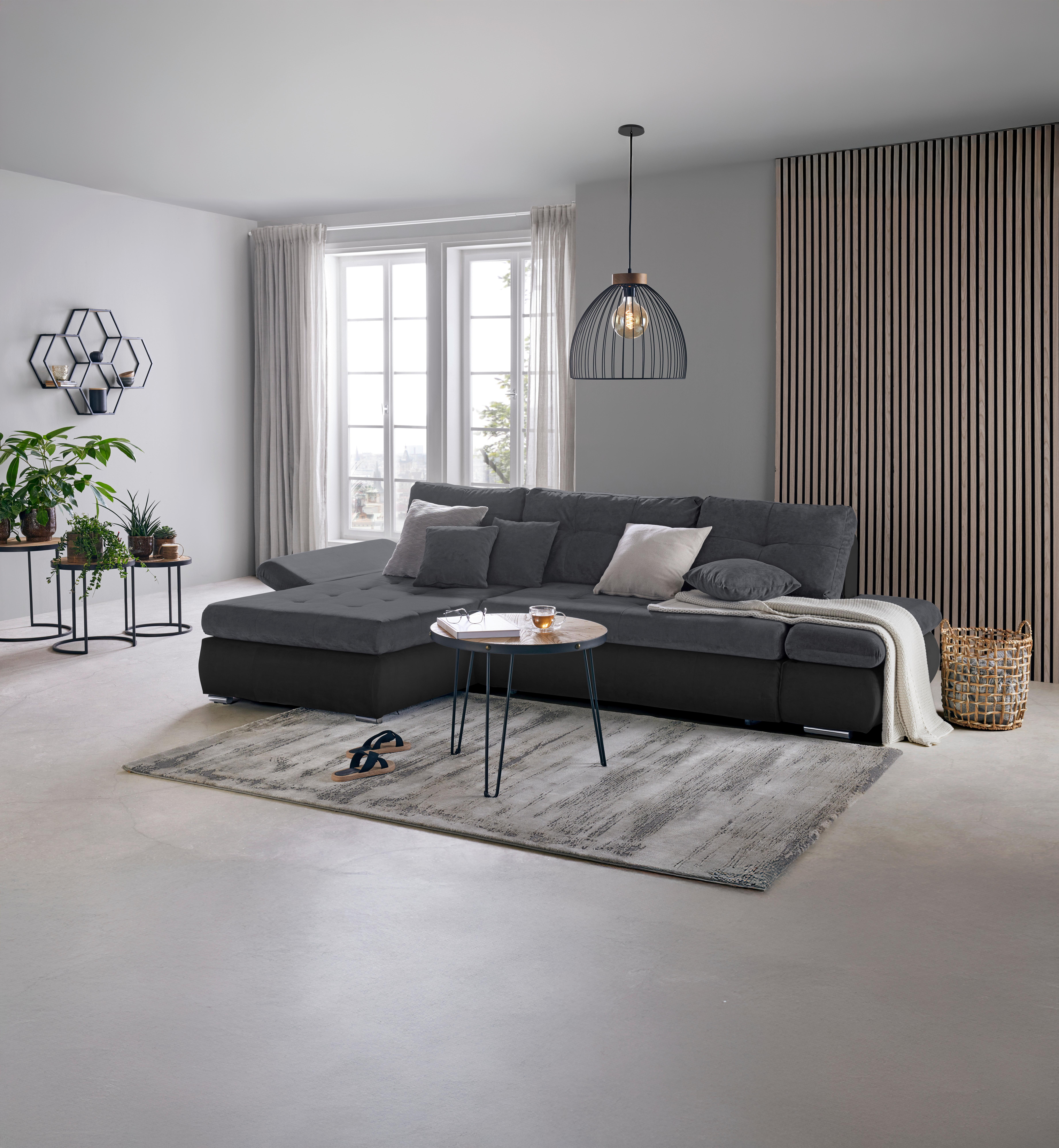 Wohnlandschaft Enrico Grau/Schwarz - Chromfarben/Schwarz, KONVENTIONELL, Kunststoff/Textil (303/88/185cm) - Based