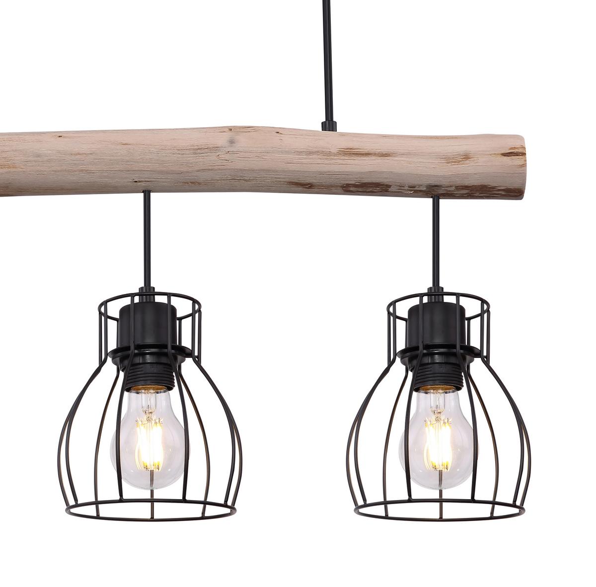Hängeleuchte Mina Schwarz/Natur max. 25 Watt - Schwarz/Naturfarben, Natur, Holz/Metall (60/13,6/140cm) - Globo