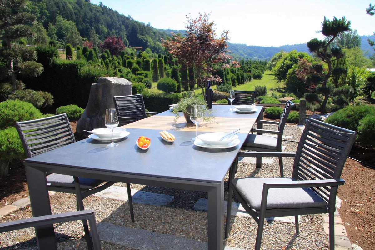 Gartenset 5-tlg. Metall/Glas/ Textil/Kunststof/Holzwerkstoff - Dunkelgrau/Anthrazit, Basics, Glas/Holzwerkstoff (180+60/100/74cm) - Acamp