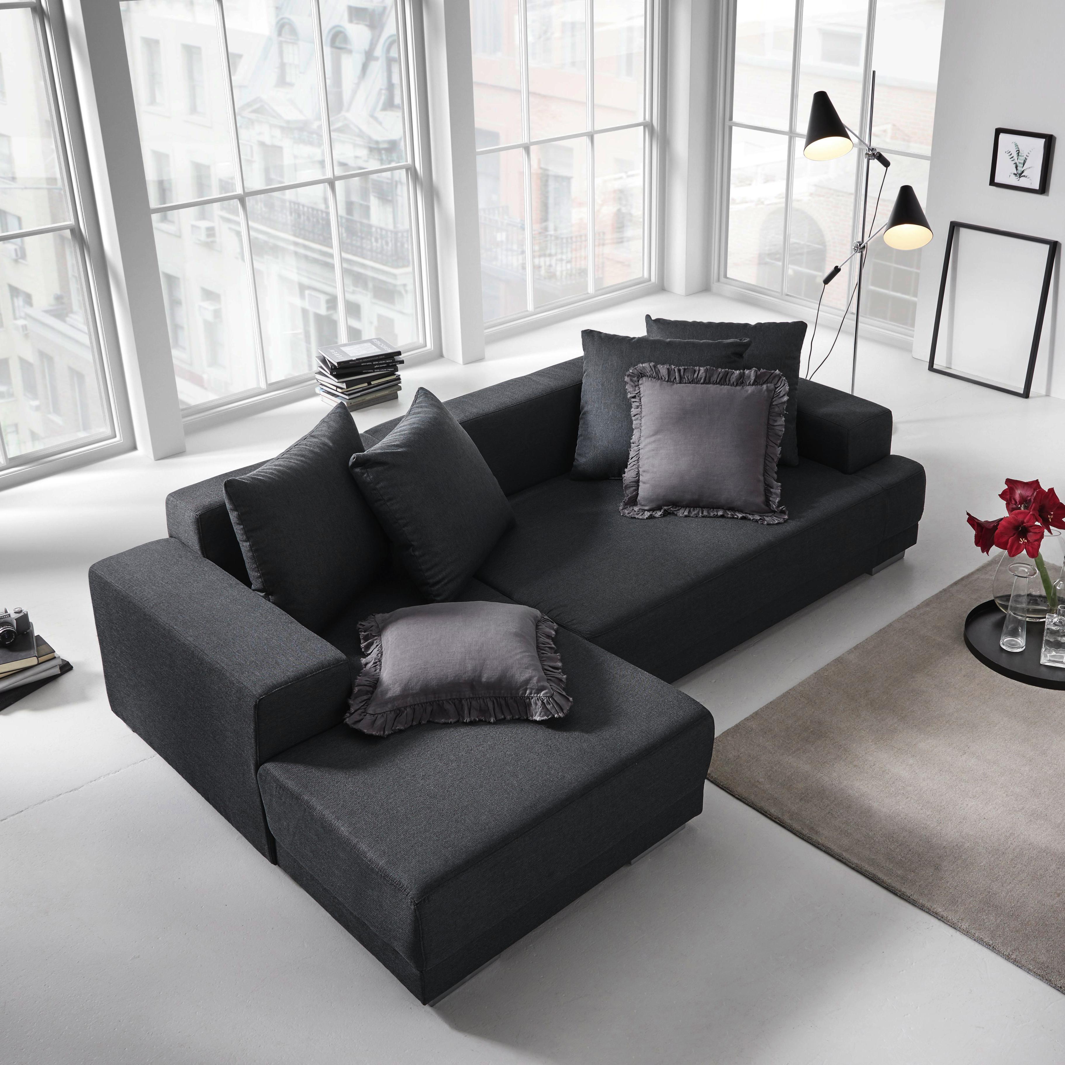 Wohnlandschaft Evie mit Schlaffunktion inkl. Kissen - Dunkelgrau, MODERN, Holz/Textil (251/150cm) - Bessagi Home