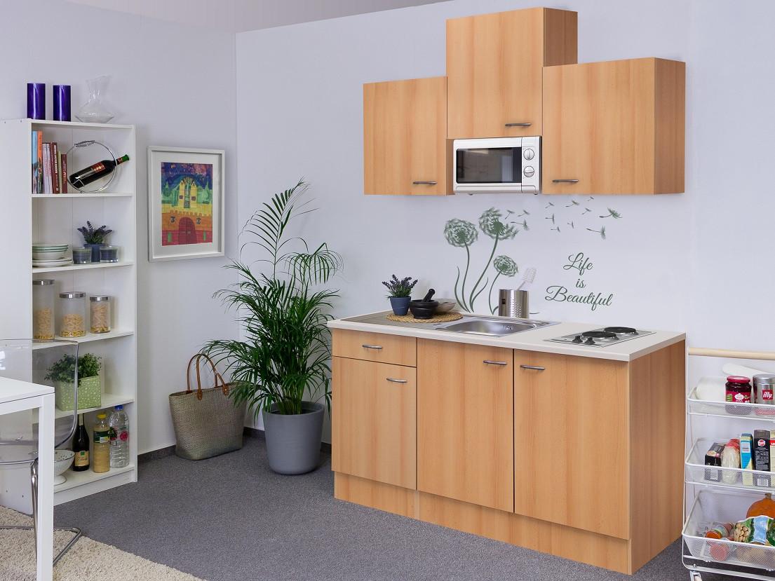 Miniküche Nano m. Geräten B: ca. 150cm Buchefarben - Edelstahlfarben/Beige, MODERN, Holzwerkstoff/Kunststoff (150cm) - FlexWell