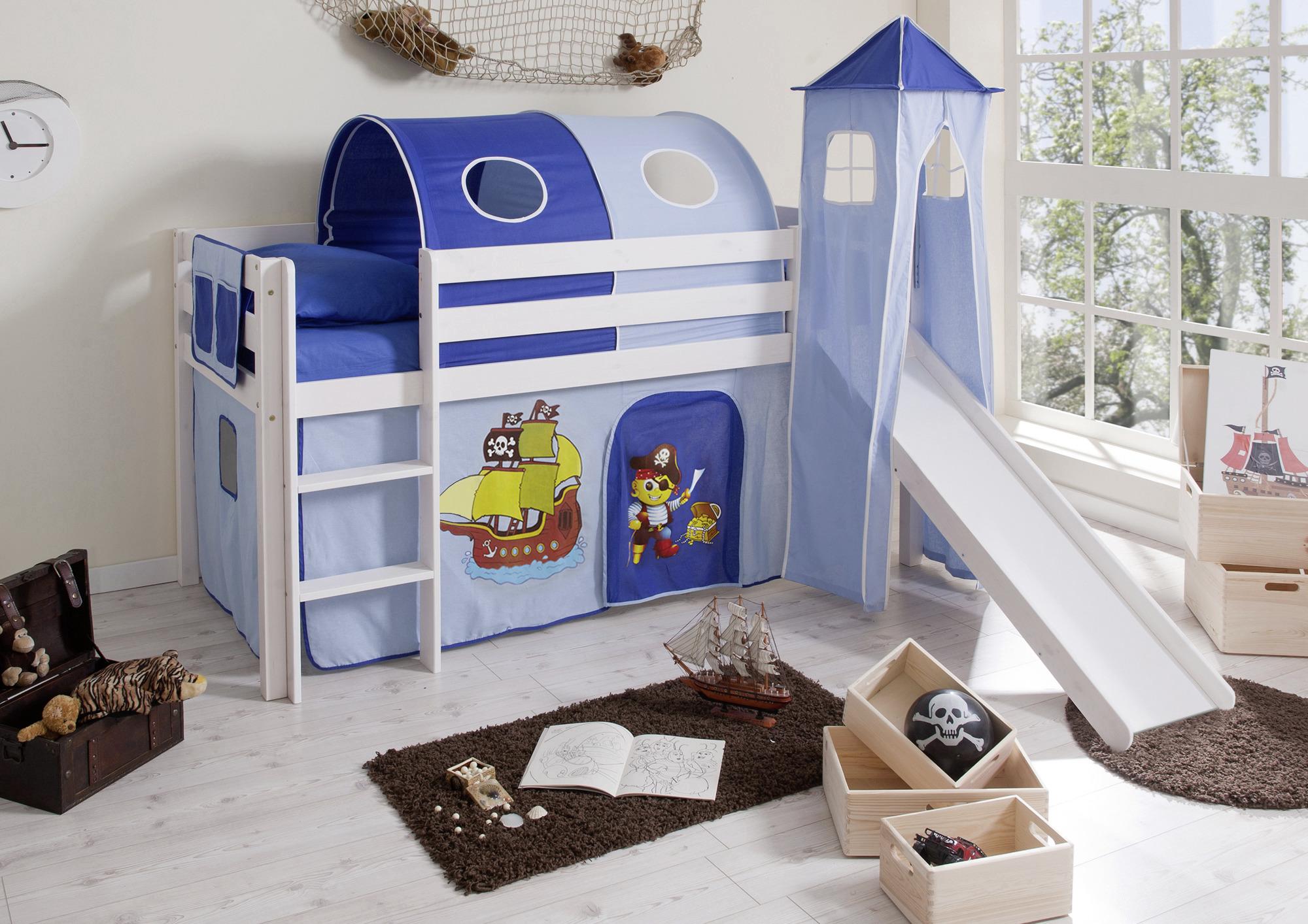 Spielbett "Kasper",aus Kiefer, blau/weiß - Blau/Weiß, Natur, Holz (90/200cm) - MID.YOU