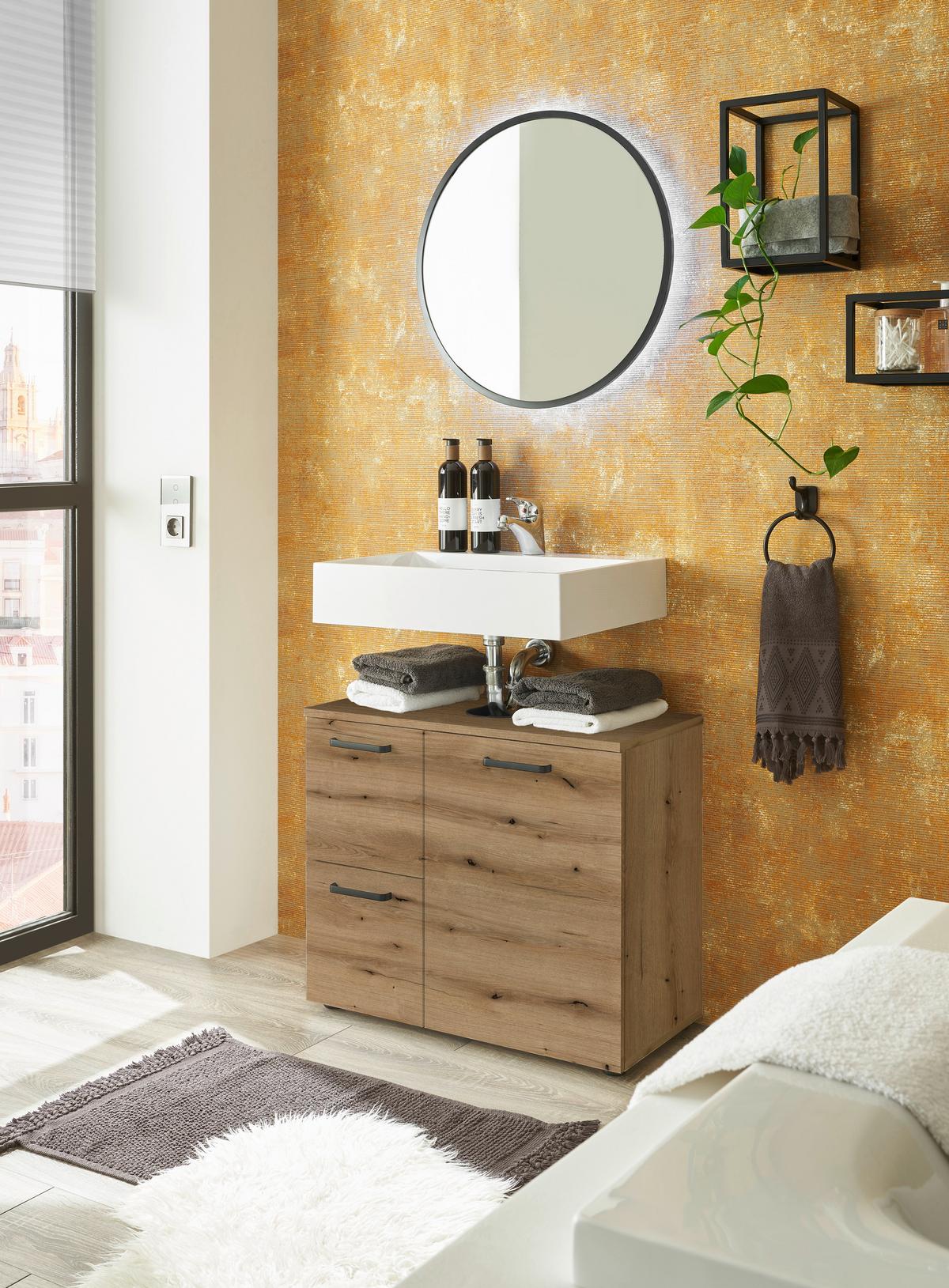 SZAFKA POD UMYWALKĘ VANICE - kolor dębowy/czarny, Modern, materiał drewnopochodny/tworzywo sztuczne (70/60/35cm) - MID.YOU
