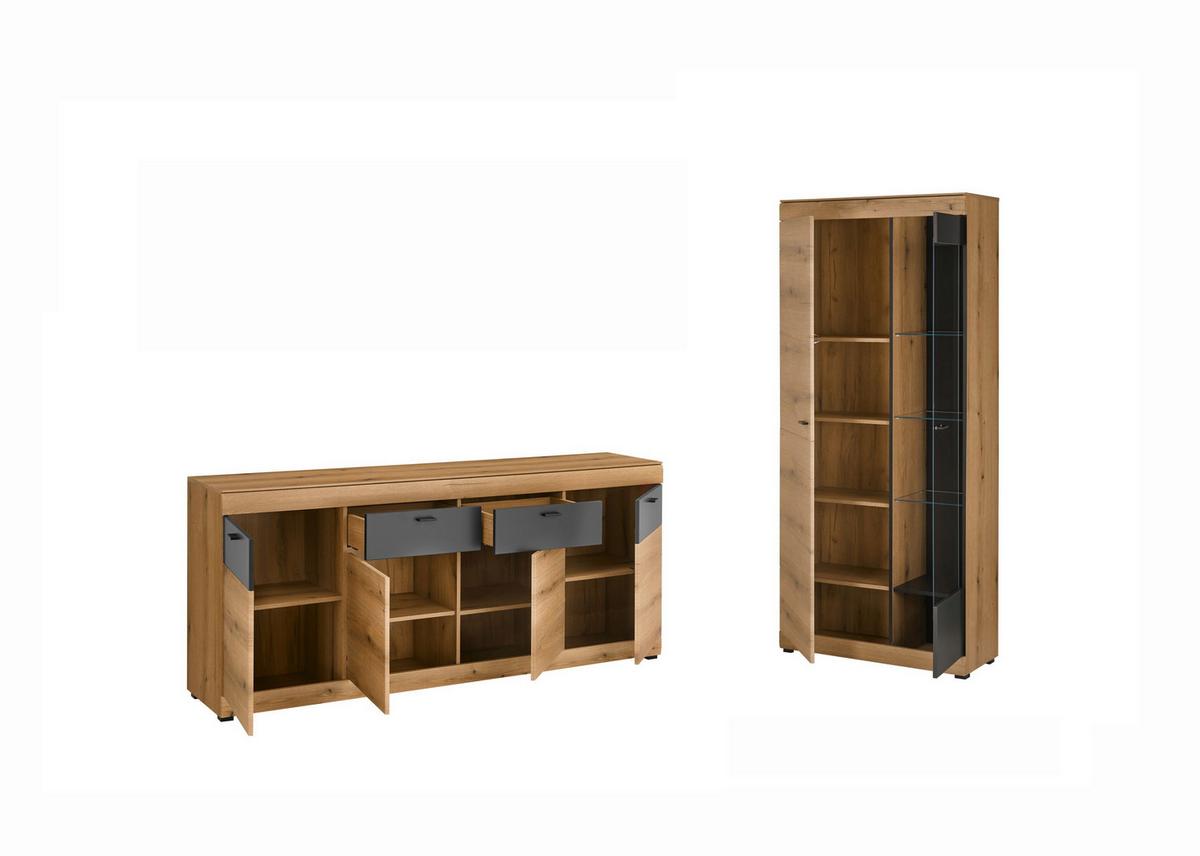 WOHNWAND SOLETO - Eichefarben/Graphitfarben, Design, Glas/Holzwerkstoff - MID.YOU