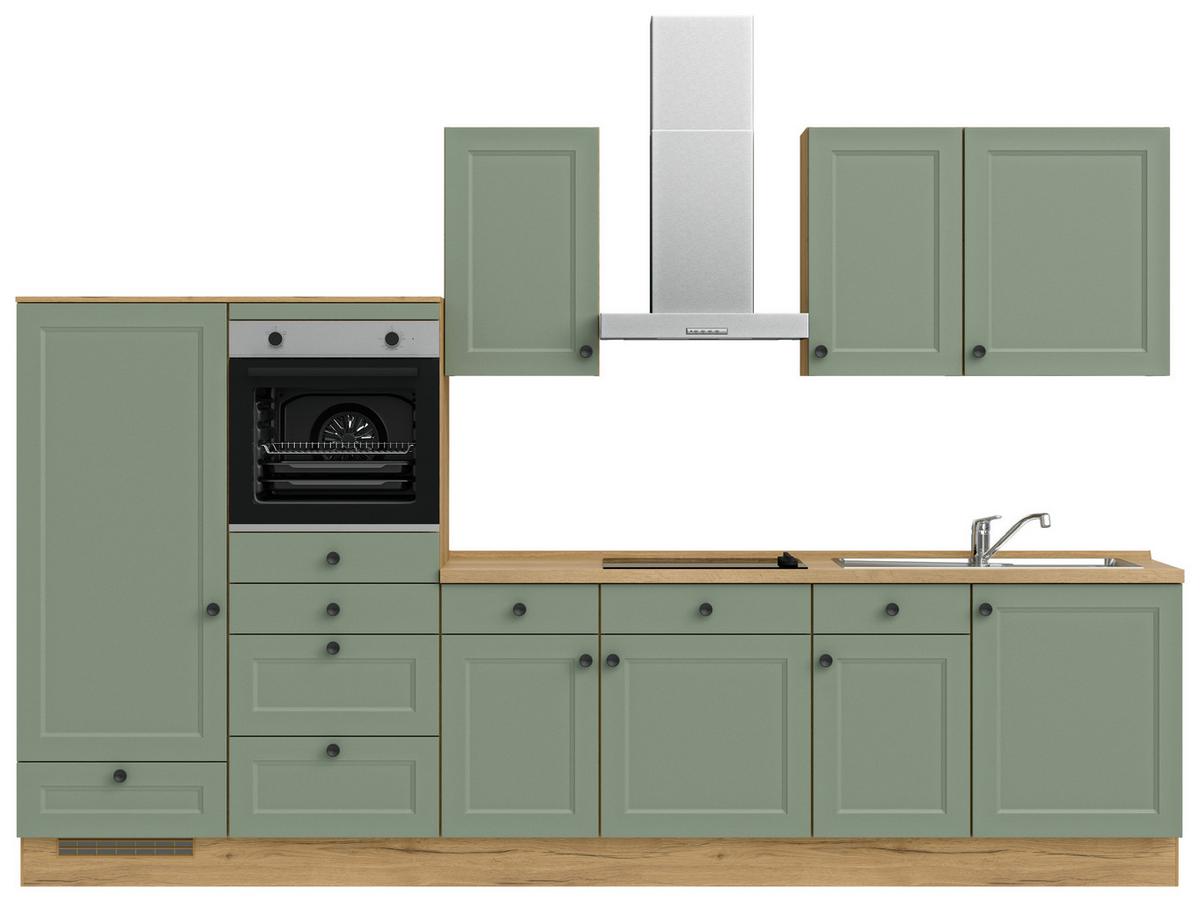 Küchenblock Cascada Low m. Geräten Schilfgrün - Schilfgrün/Eichefarben, MODERN, Holzwerkstoff/Metall (330cm) - Nobilia