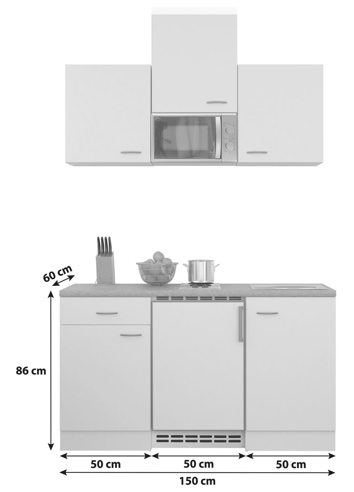 Miniküche Wito m. Geräten B: ca. 150cm Weiß - Edelstahlfarben/Hellgrau, MODERN, Holzwerkstoff/Kunststoff (150cm) - FlexWell
