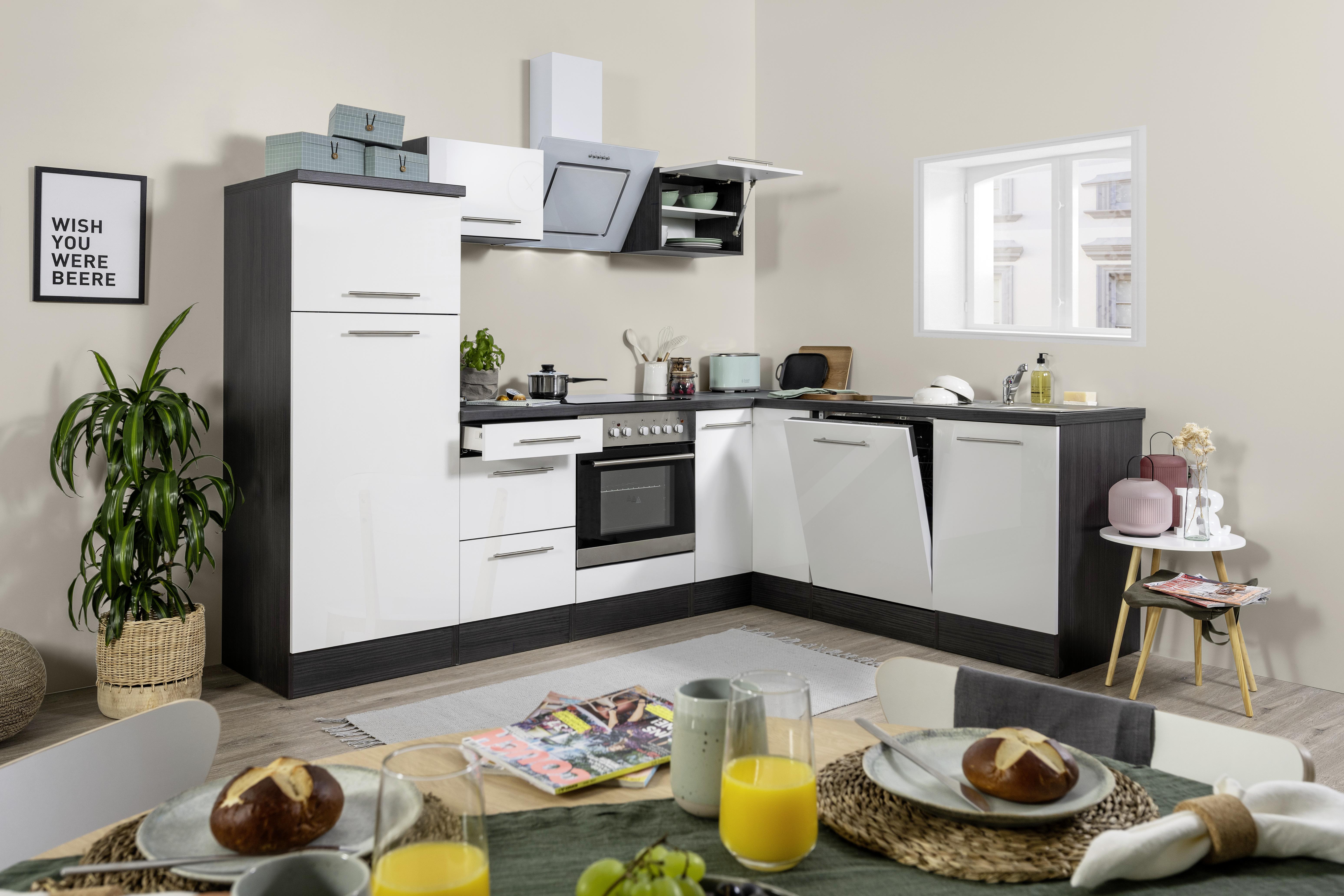 Eckküche mit Geräten 260x200 cm Weiß - Alufarben/Weiß, KONVENTIONELL, Holzwerkstoff (260/200cm) - Respekta