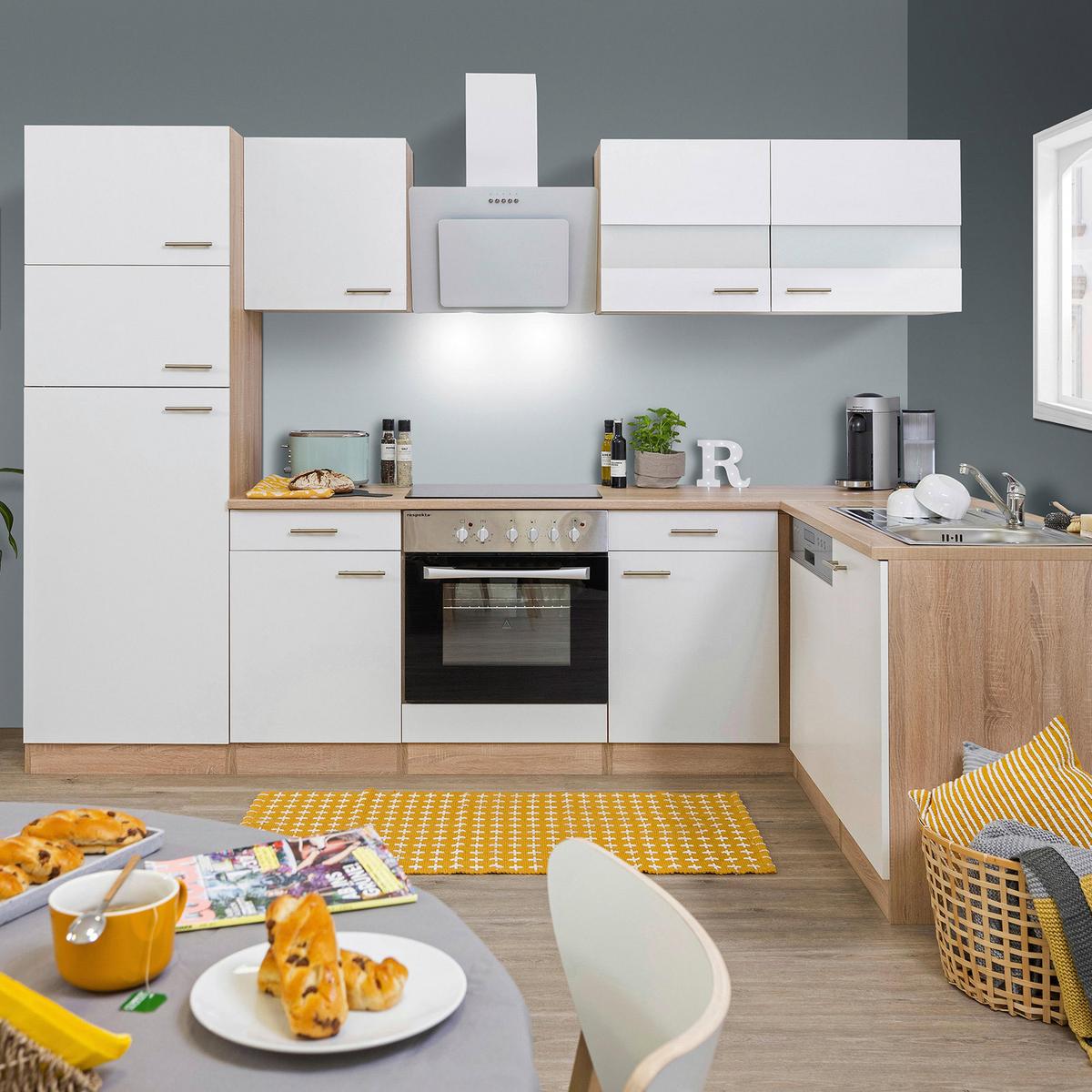 Eckküche Economy Weiß/ Eichefarben ca. 280x172 cm - Edelstahlfarben/Eichefarben, Basics, Holzwerkstoff/Metall (280/172cm) - Respekta