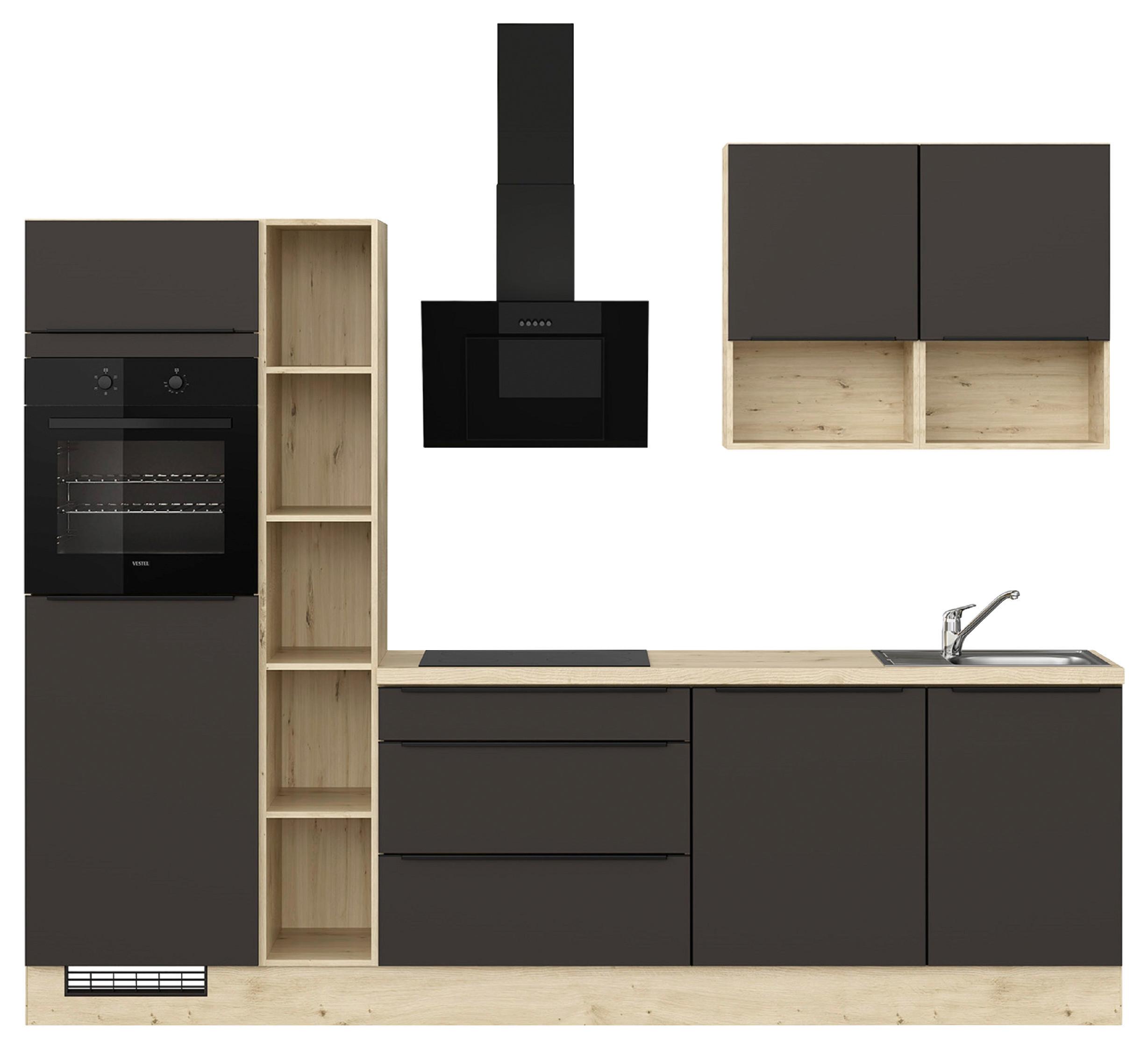 Küchenblock IBZ mit Geräten ca. 280 cm Braun - Eichefarben/Schwarz, Design, Holzwerkstoff/Metall (280cm) - Impuls